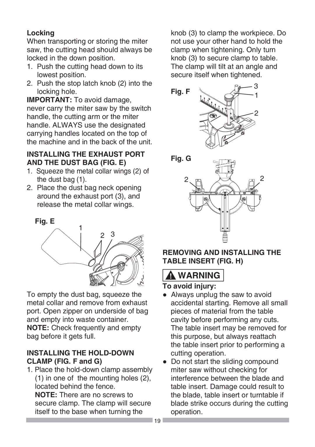 Craftsman 137.21239 operating instructions Locking, Installing the Exhaust Port and the Dust BAG FIG. E, To avoid injury 