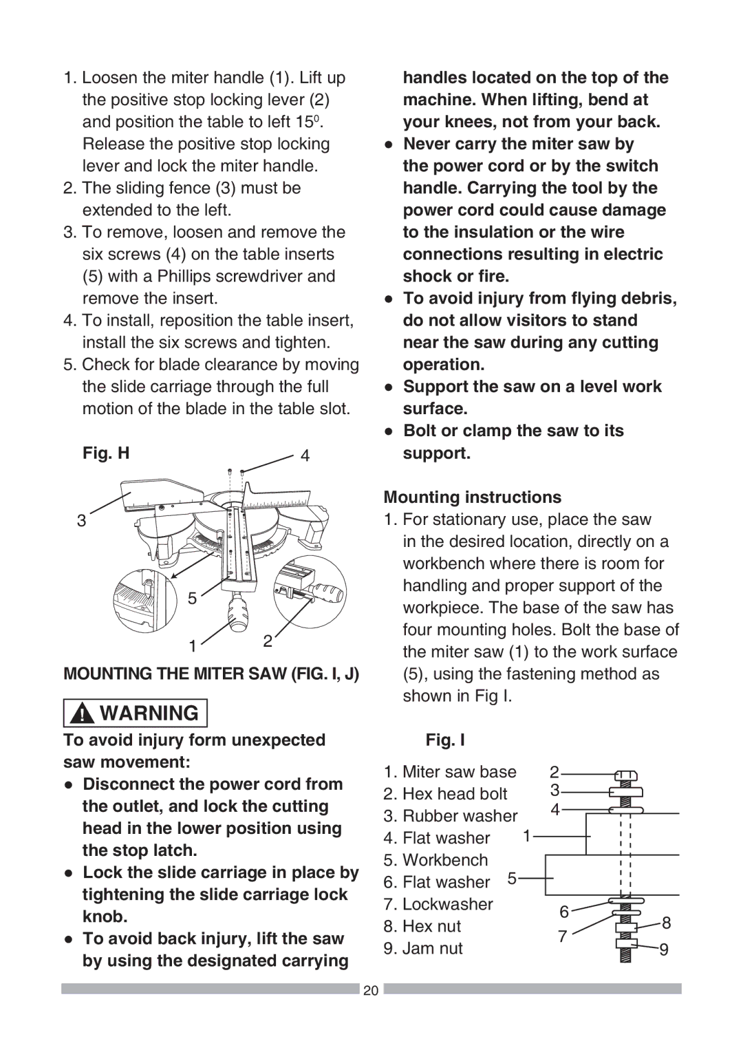 Craftsman 137.21239 operating instructions Fig. H, Mounting the Miter SAW FIG. I, J 