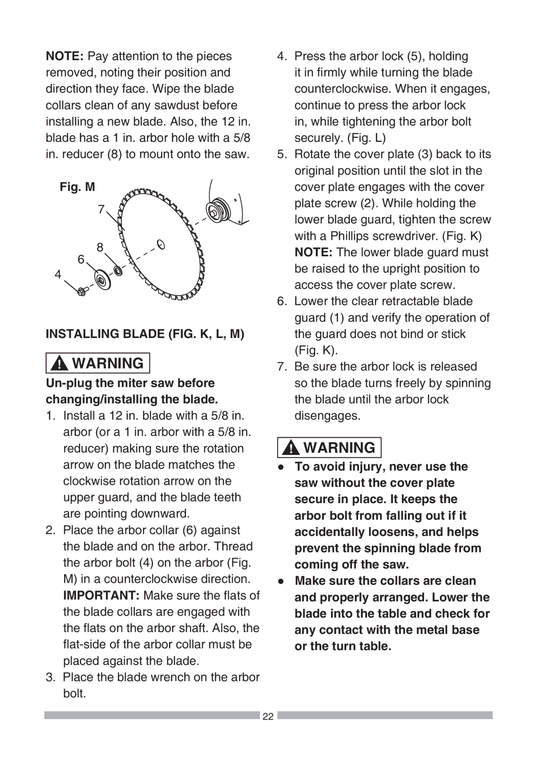 Craftsman 137.21239 operating instructions Fig. M, Installing Blade FIG. K, L, M 