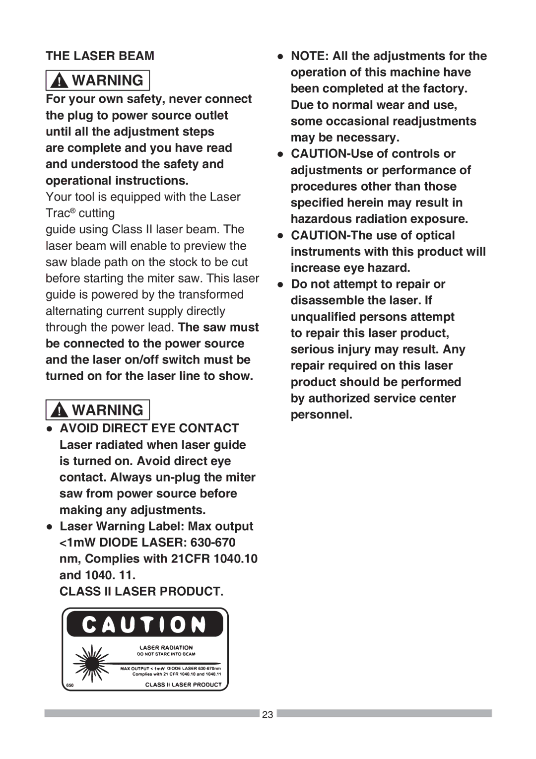 Craftsman 137.21239 operating instructions Laser Beam, Class II Laser Product 