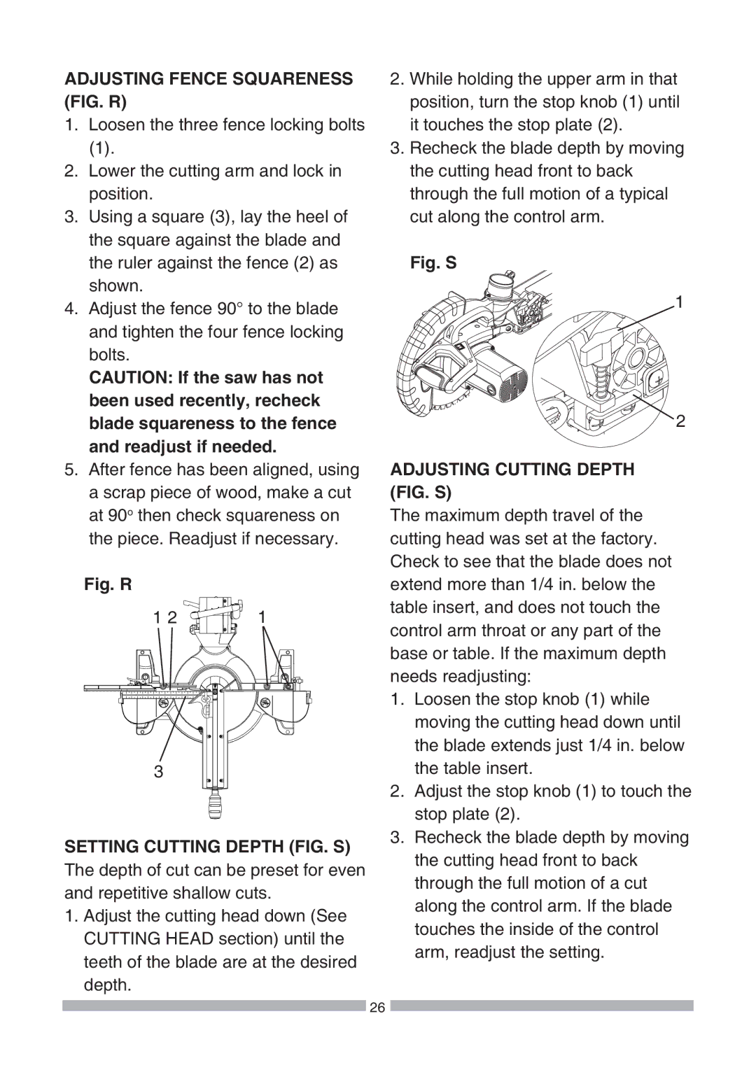 Craftsman 137.21239 Adjusting Fence Squareness FIG. R, Setting Cutting Depth FIG. S, Adjusting Cutting Depth FIG. S 