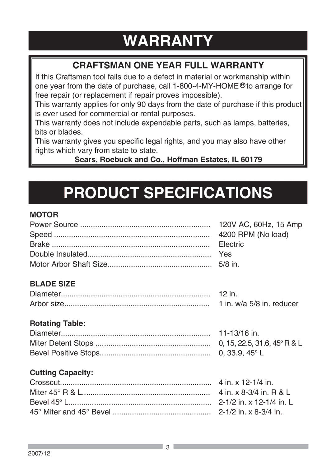 Craftsman 137.21239 operating instructions Warranty, Product Specifications, Motor, Blade Size 