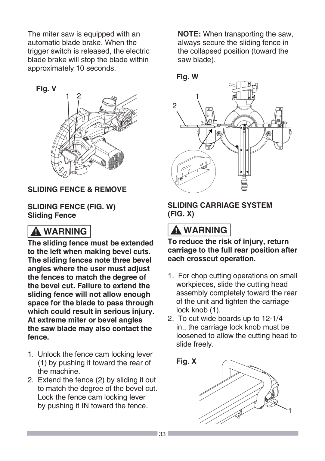 Craftsman 137.21239 operating instructions Sliding Fence & Remove Sliding Fence FIG. W, Sliding Carriage System FIG 