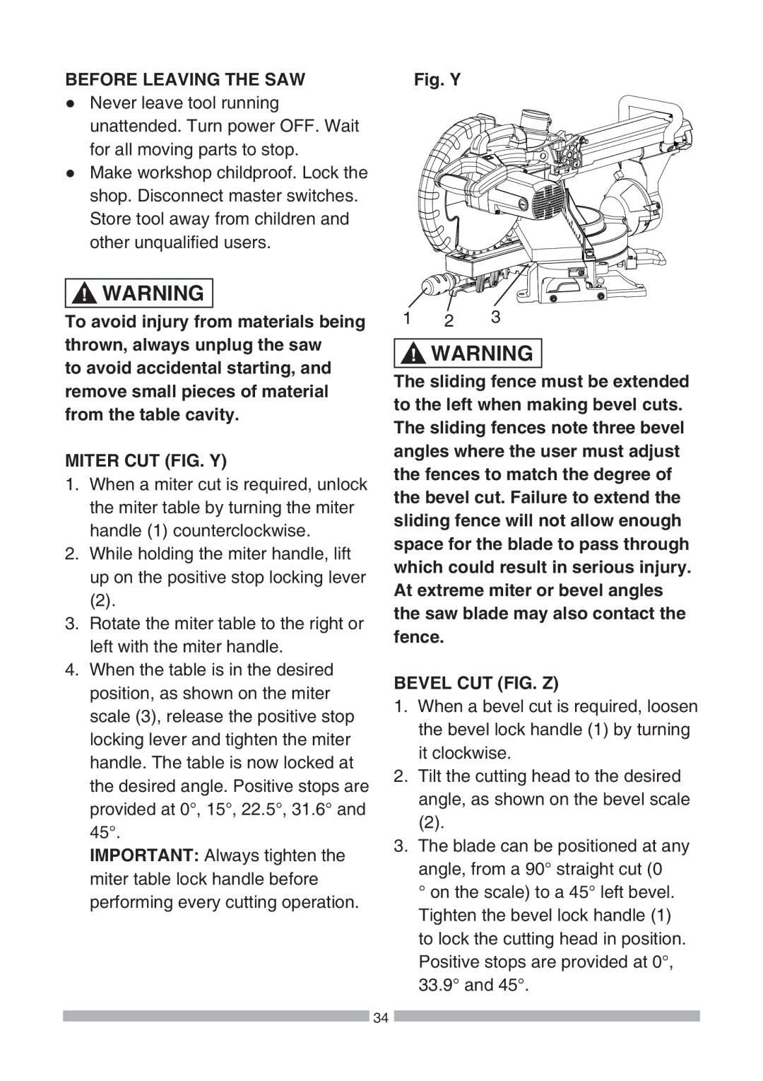 Craftsman 137.21239 operating instructions Before Leaving the SAW, Miter CUT FIG. Y, Bevel CUT FIG. Z 