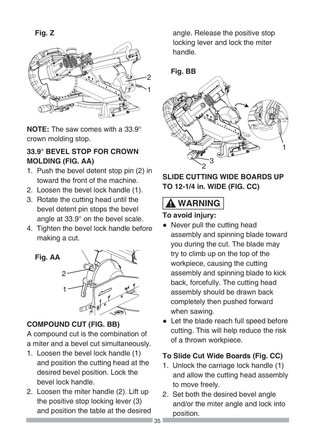 Craftsman 137.21239 Bevel Stop for Crown Molding FIG. AA, Compound CUT FIG. BB, To Slide Cut Wide Boards Fig. CC 