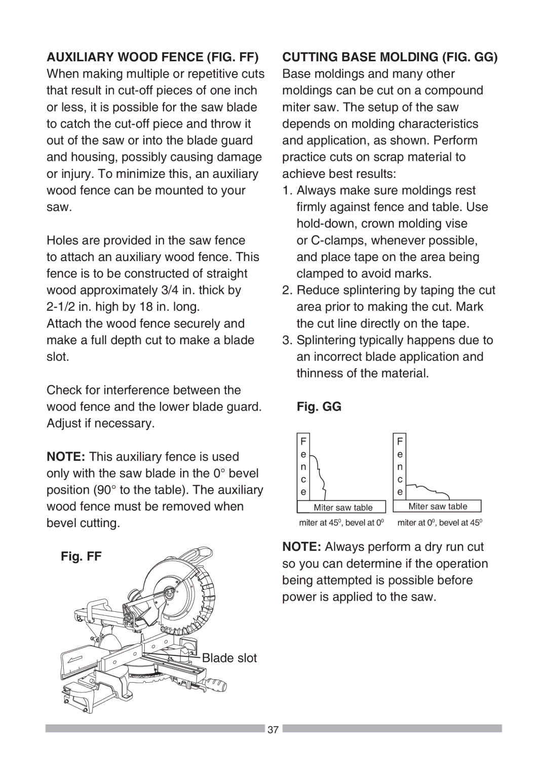 Craftsman 137.21239 operating instructions Auxiliary Wood Fence FIG. FF, Cutting Base Molding FIG. GG 