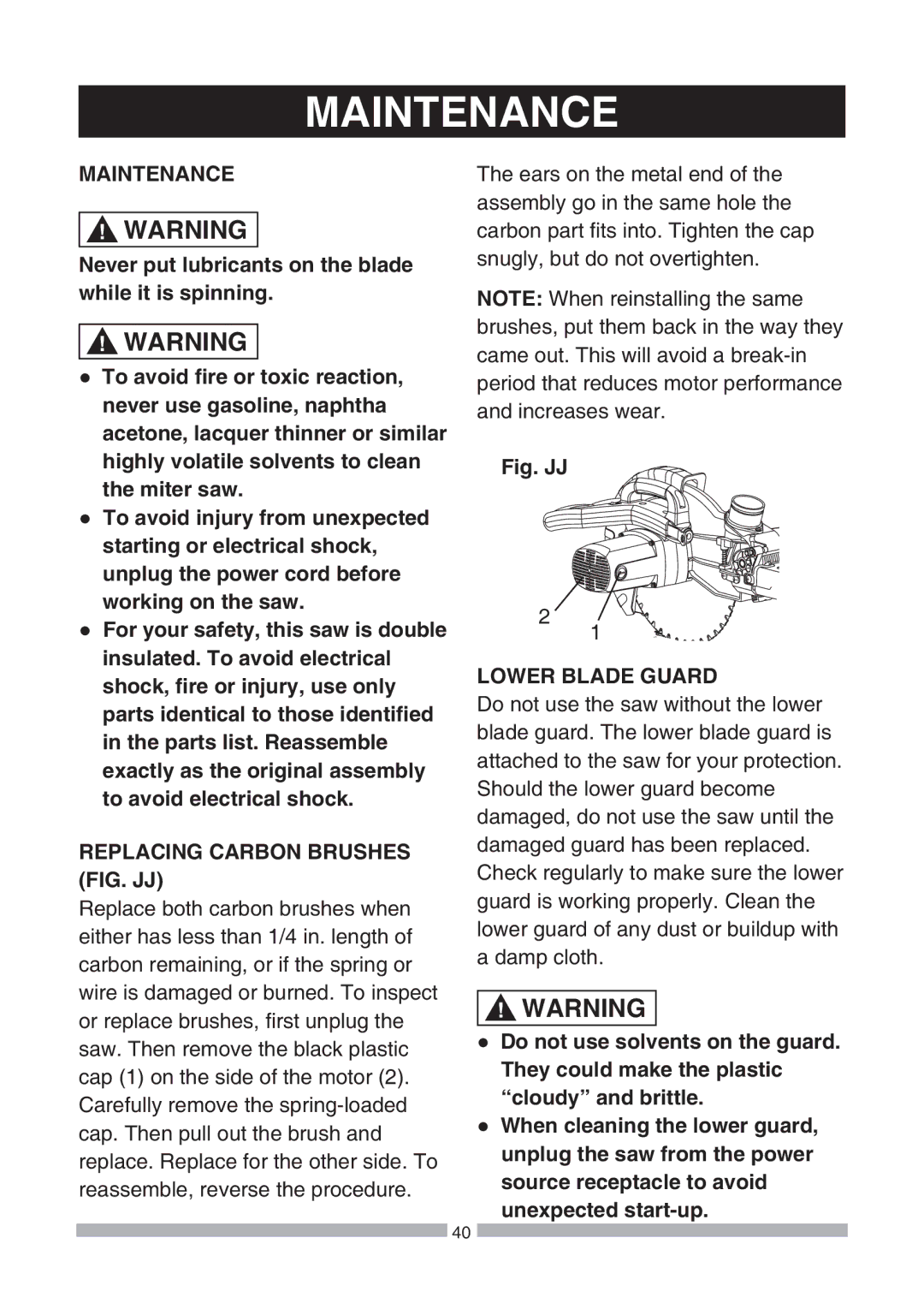 Craftsman 137.21239 operating instructions Maintenance, Replacing Carbon Brushes FIG. JJ, Lower Blade Guard 