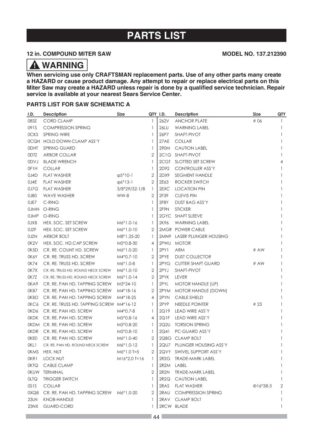 Craftsman 137.21239 operating instructions Parts List 