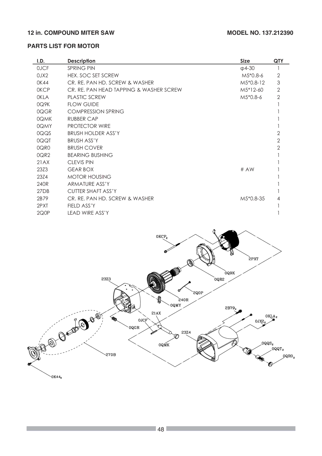 Craftsman 137.21239 operating instructions Parts List for Motor 