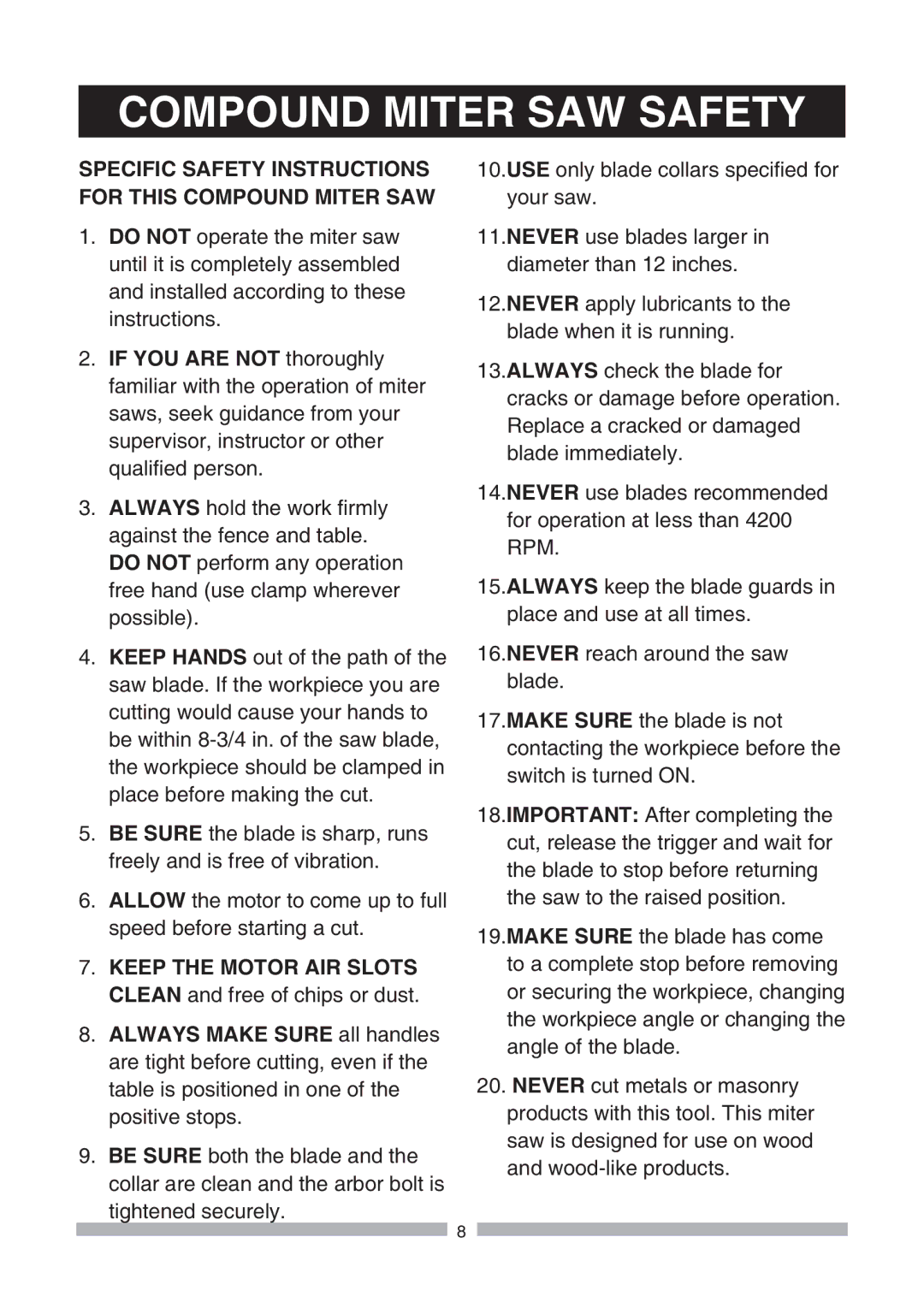 Craftsman 137.21239 operating instructions Compound Miter SAW Safety 