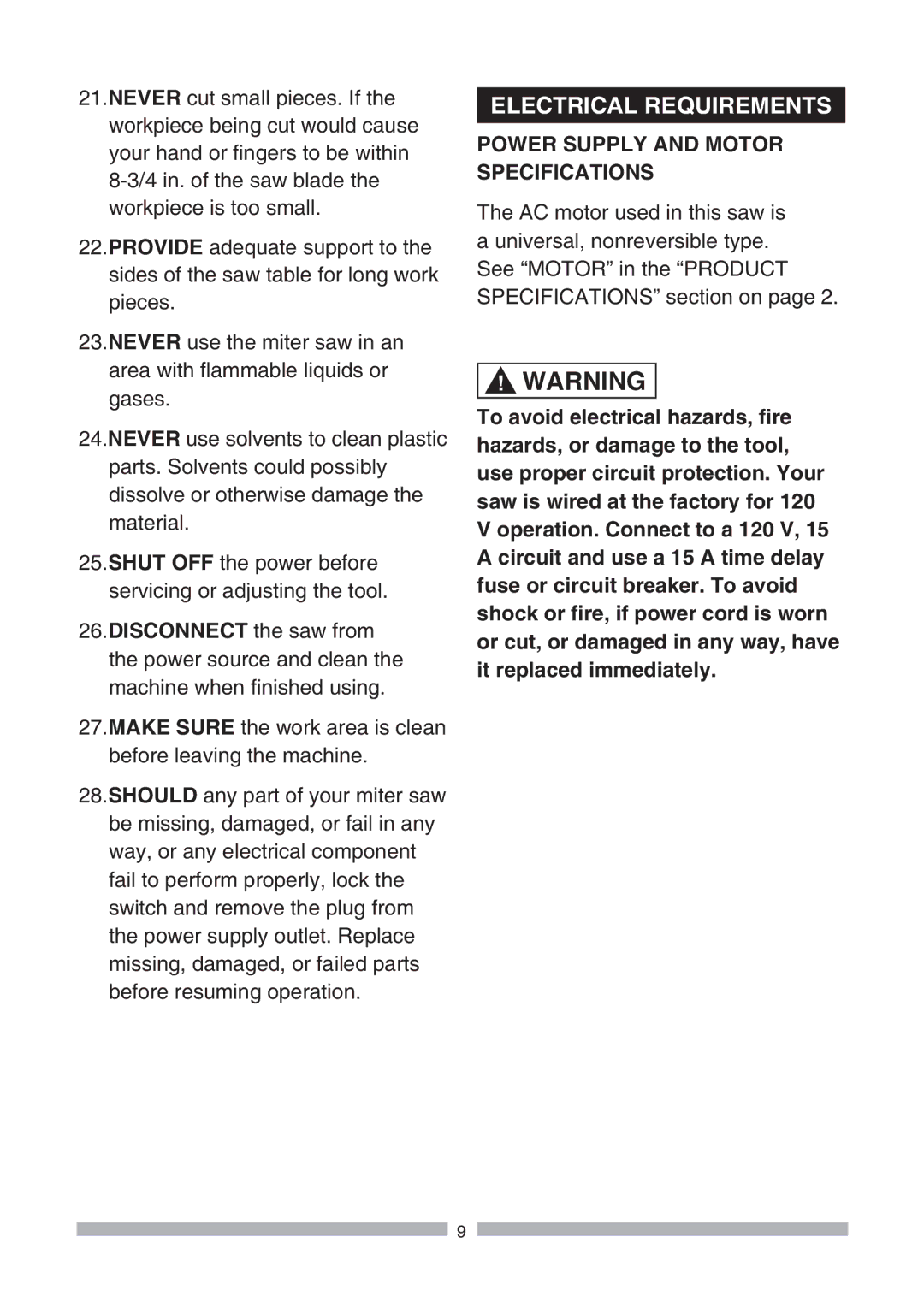 Craftsman 137.21239 operating instructions Electrical Requirements, Power Supply and Motor Specifications 