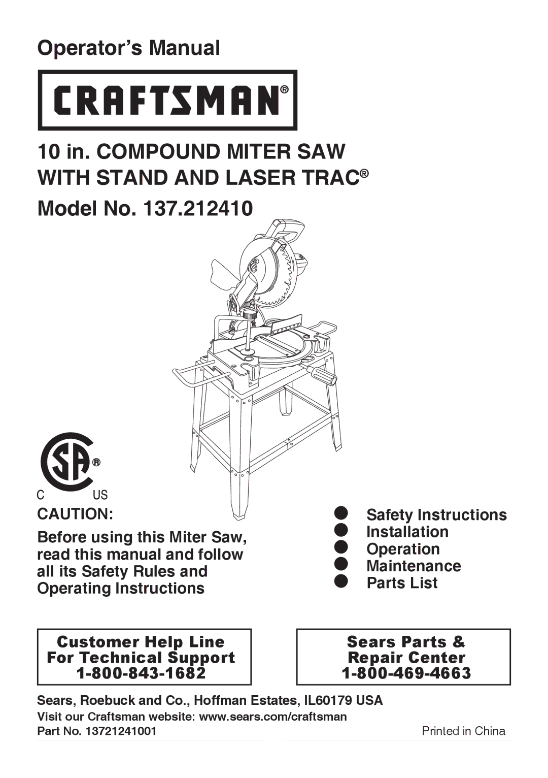 Craftsman 137.21241 operating instructions Sears, Roebuck and Co., Hoffman Estates, IL60179 USA 