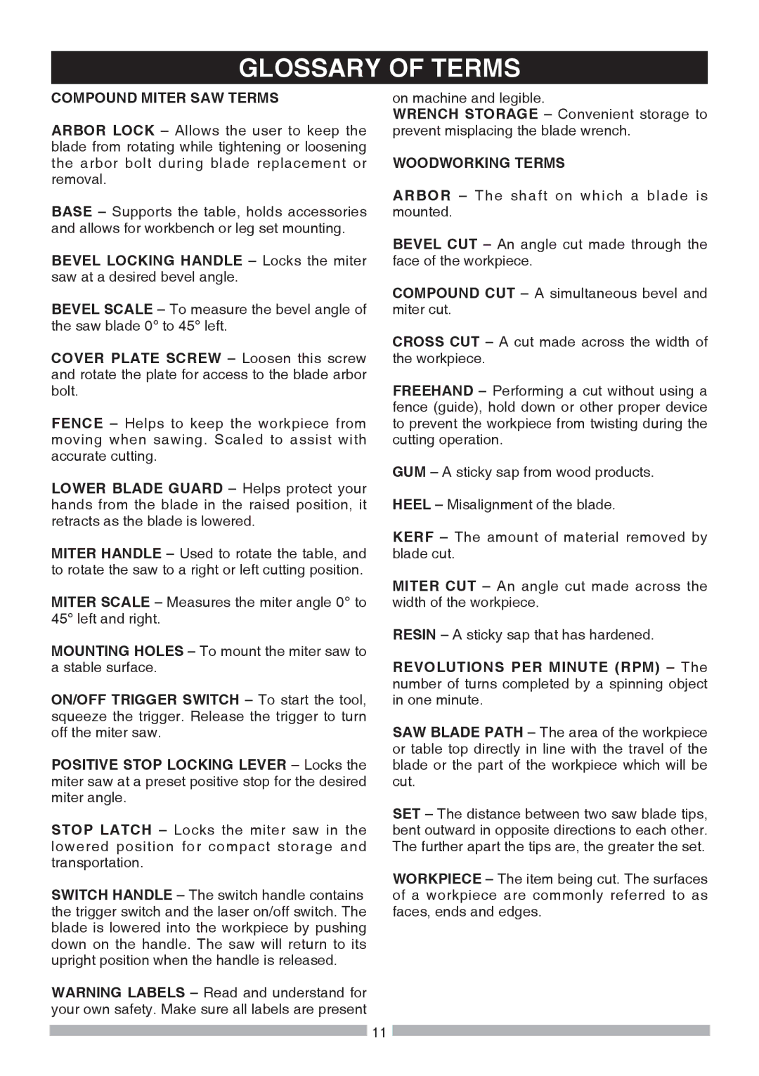 Craftsman 137.21241 operating instructions Glossary of Terms, Compound Miter SAW Terms, Woodworking Terms 