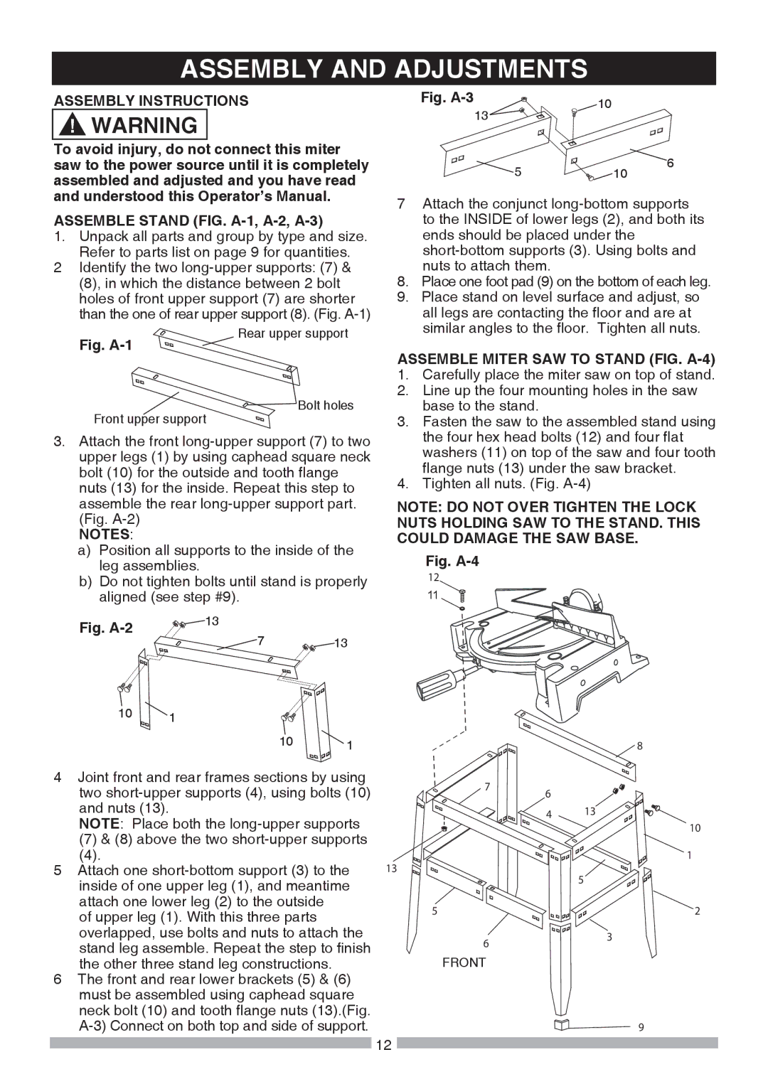 Craftsman 137.21241 Assembly and Adjustments, Assembly Instructions, Assemble Stand FIG. A-1, A-2, A-3 