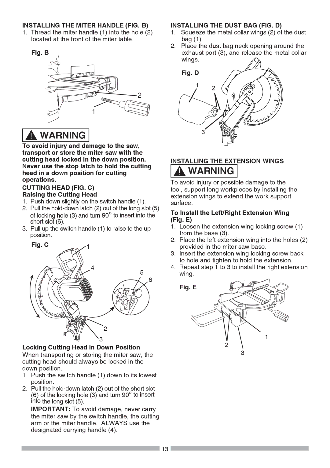 Craftsman 137.21241 Installing the Miter Handle FIG. B, Cutting Head FIG. C, Installing the Dust BAG FIG. D 