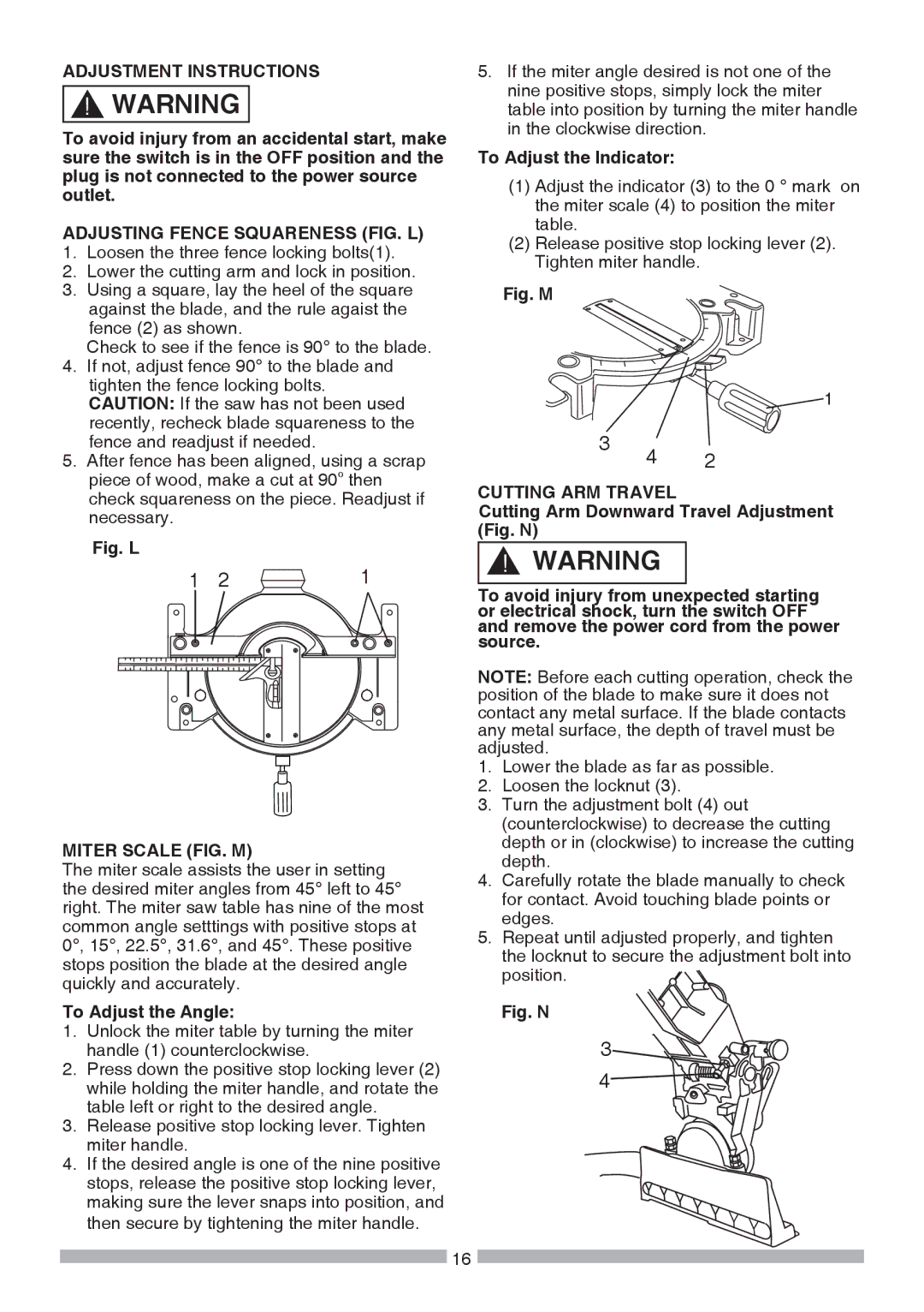 Craftsman 137.21241 Adjustment Instructions, Adjusting Fence Squareness FIG. L, Miter Scale FIG. M, Cutting ARM Travel 