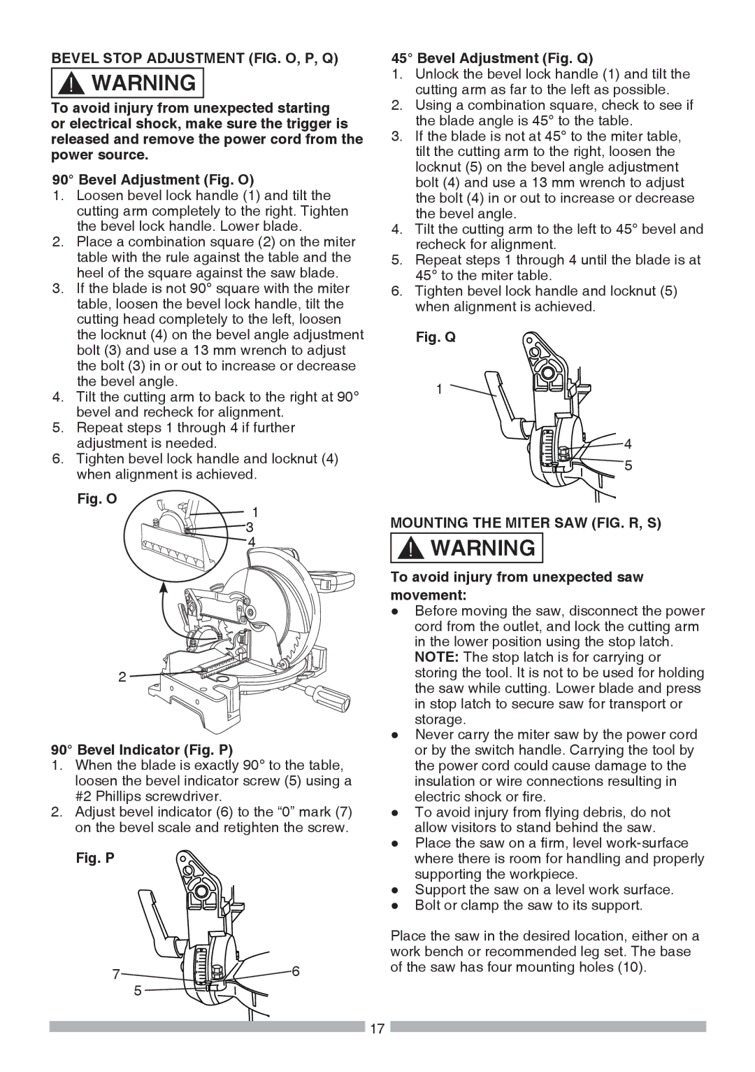 Craftsman 137.21241 operating instructions Bevel Stop Adjustment FIG. O, P, Q, Mounting the Miter SAW FIG. R, S 