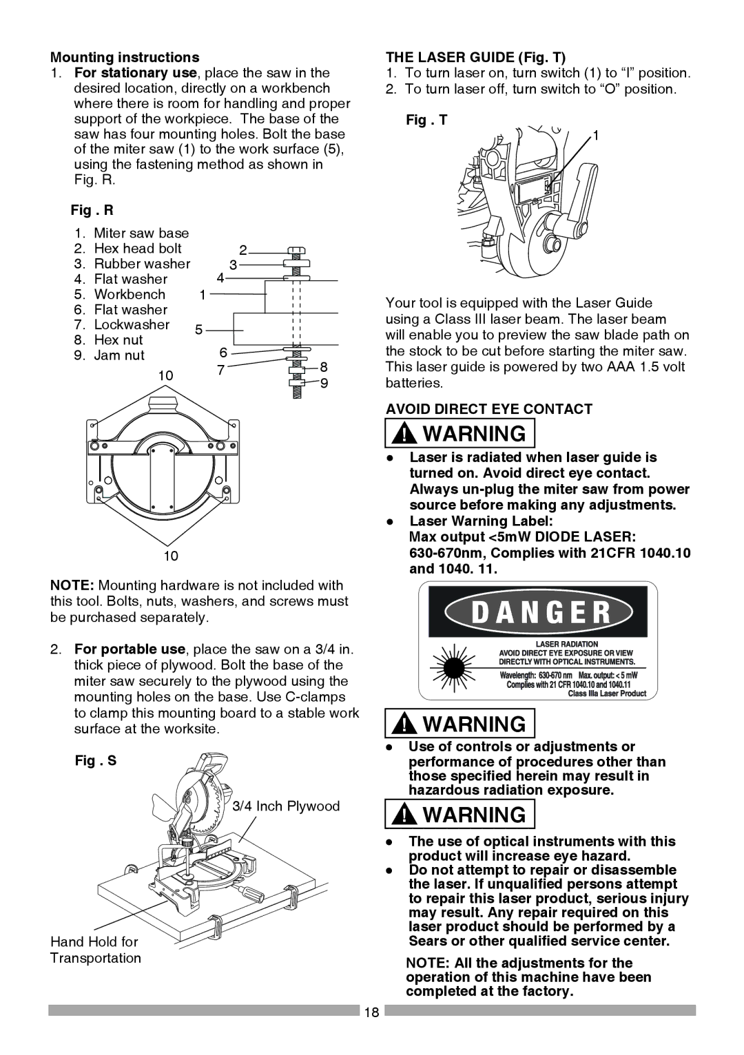 Craftsman 137.21241 operating instructions Avoid Direct EYE Contact 