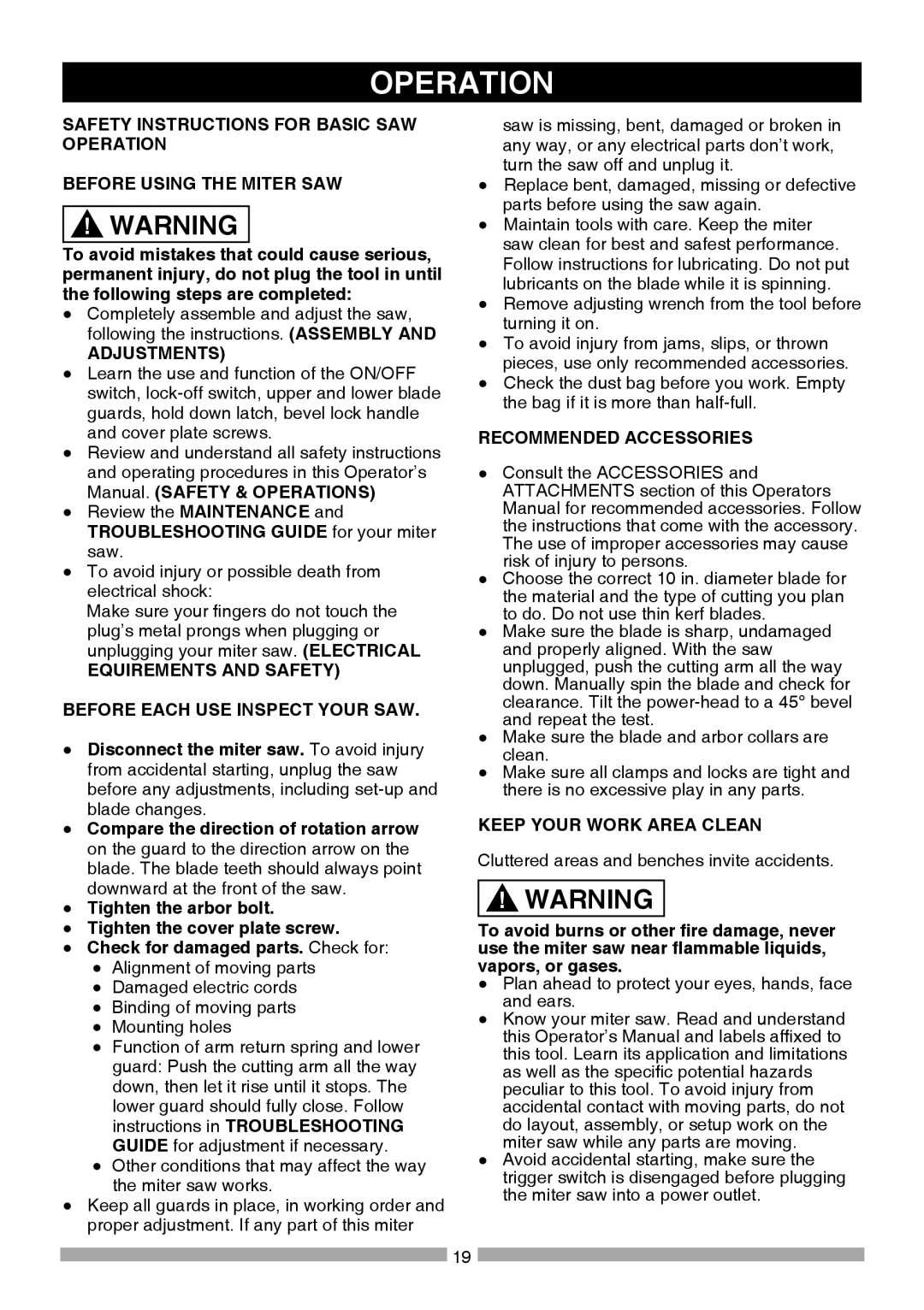 Craftsman 137.21241 operating instructions Operation, Adjustments, Equirements and Safety Before Each USE Inspect Your SAW 