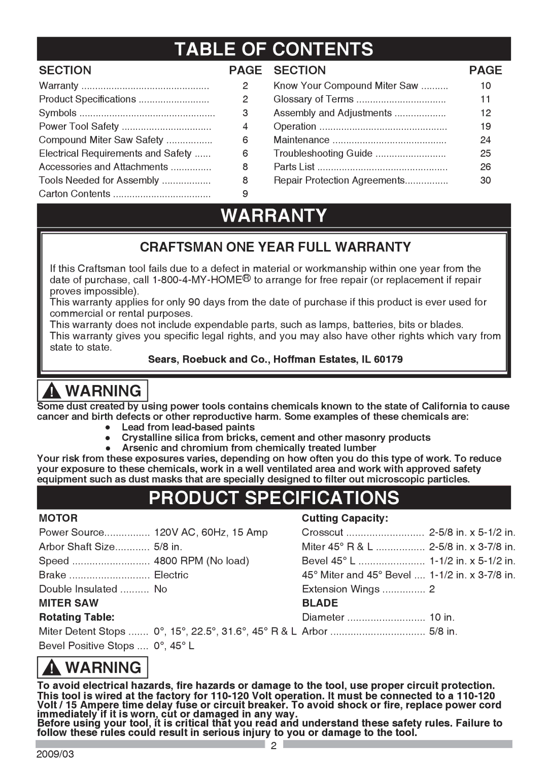 Craftsman 137.21241 operating instructions Table of Contents, Warranty, Product Specifications 