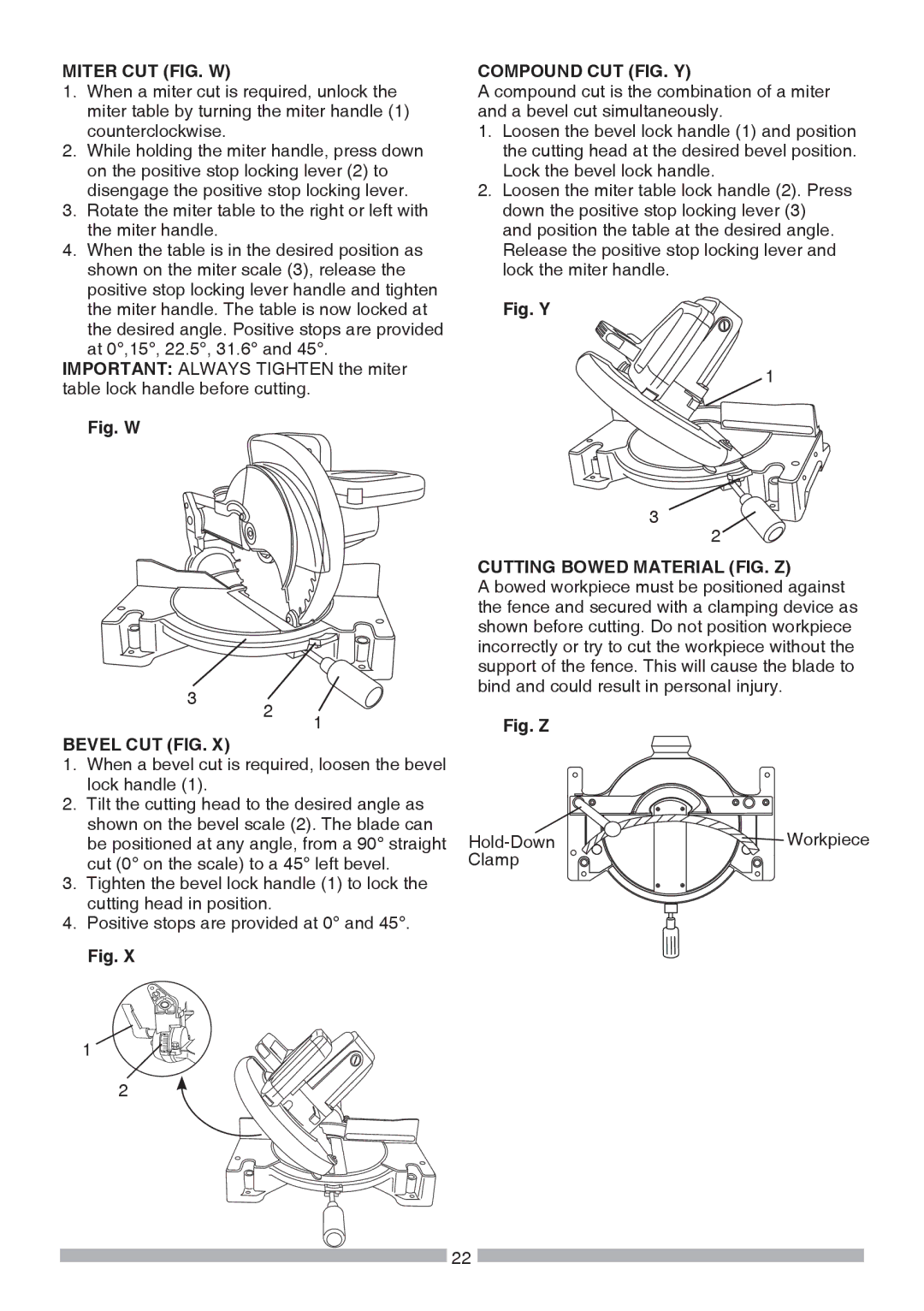 Craftsman 137.21241 Miter CUT FIG. W, Bevel CUT FIG, Compound CUT FIG. Y, Cutting Bowed Material FIG. Z 