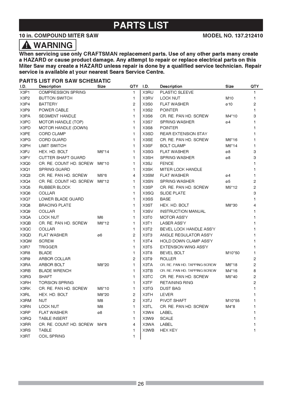 Craftsman 137.21241 operating instructions Parts List for SAW Schematic 