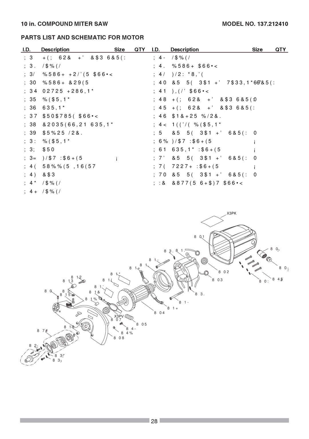 Craftsman 137.21241 operating instructions Parts List and Schematic for Motor 