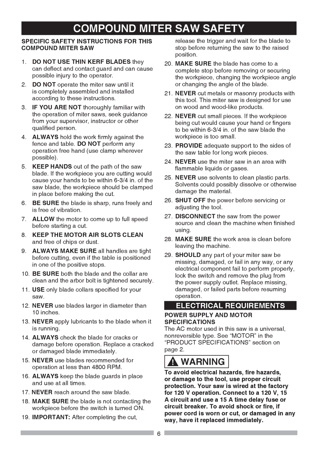 Craftsman 137.21241 Compound Miter SAW Safety, Specific Safety Instructions for this Compound Miter SAW 