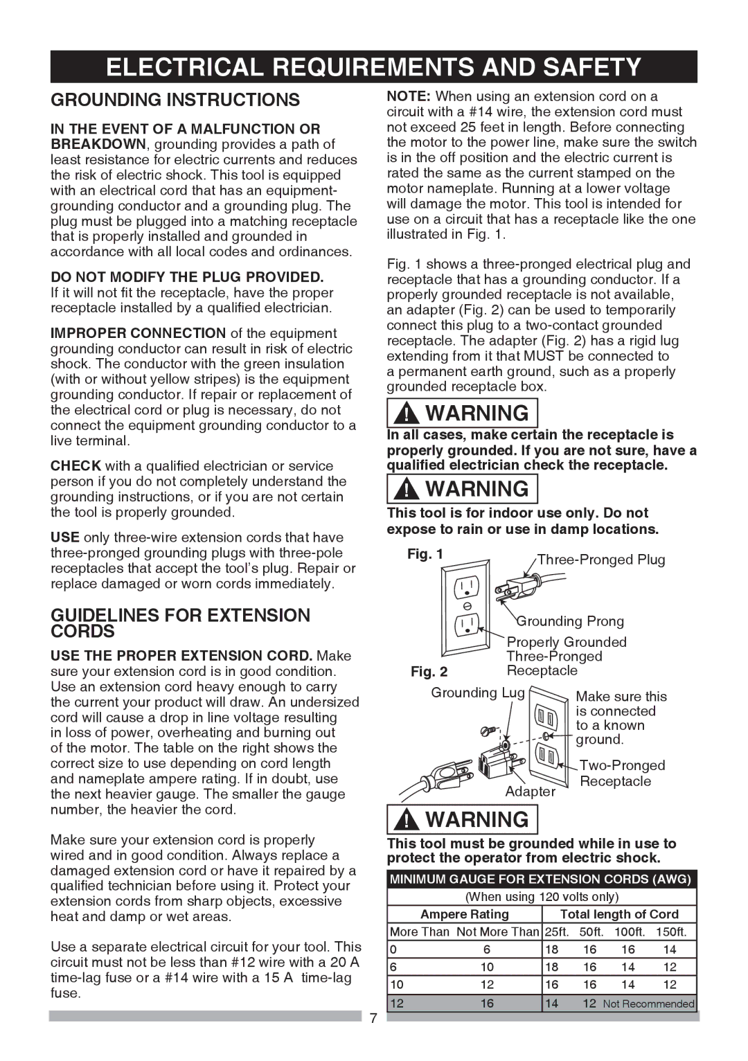 Craftsman 137.21241 operating instructions Electrical Requirements and Safety, Grounding Instructions 