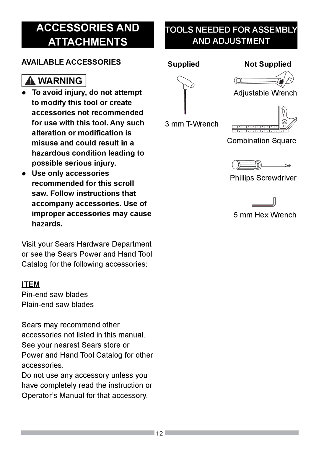 Craftsman 137.21602 operating instructions Accessories Attachments, Available Accessories 