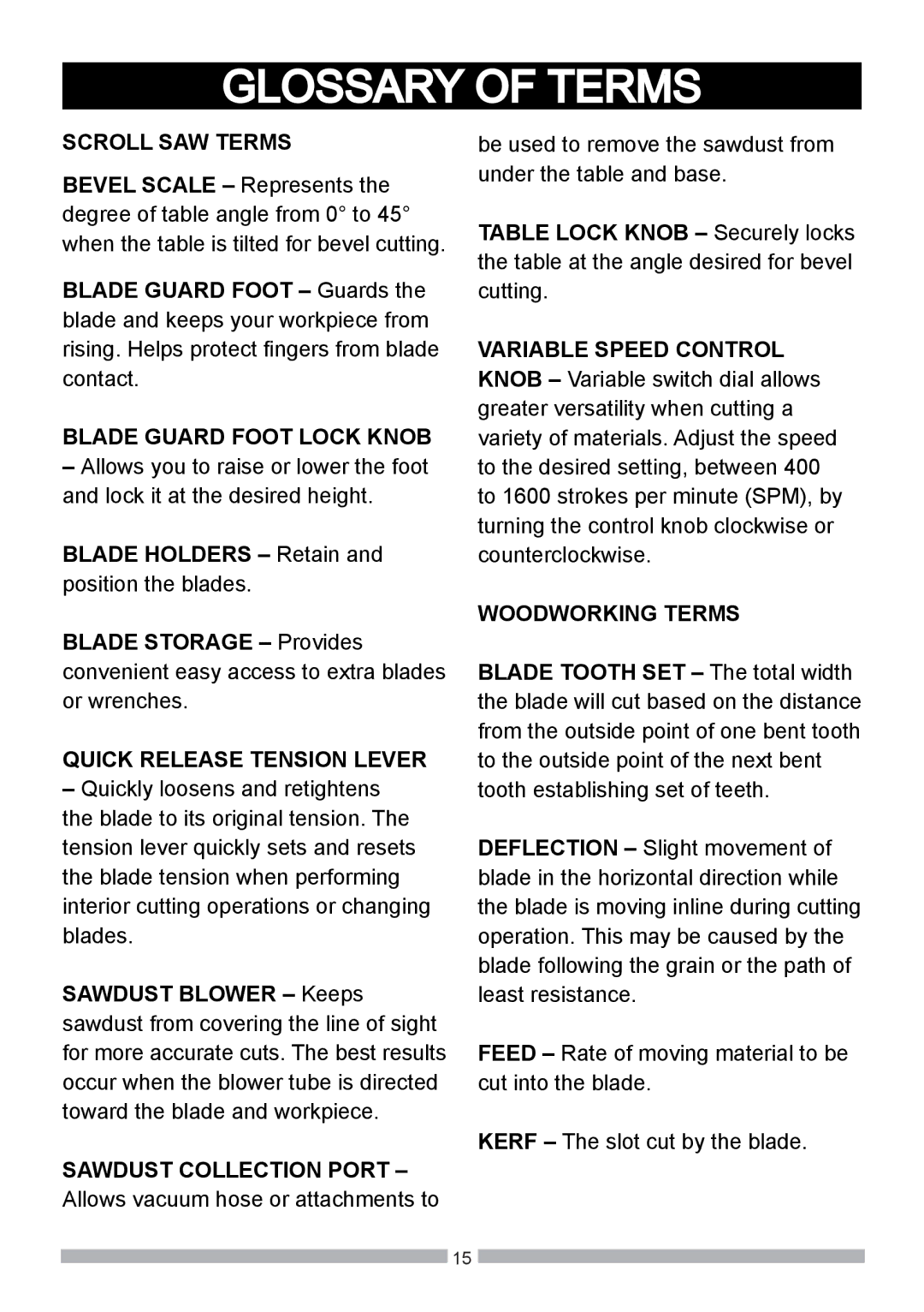 Craftsman 137.21602 operating instructions Glossary of Terms 