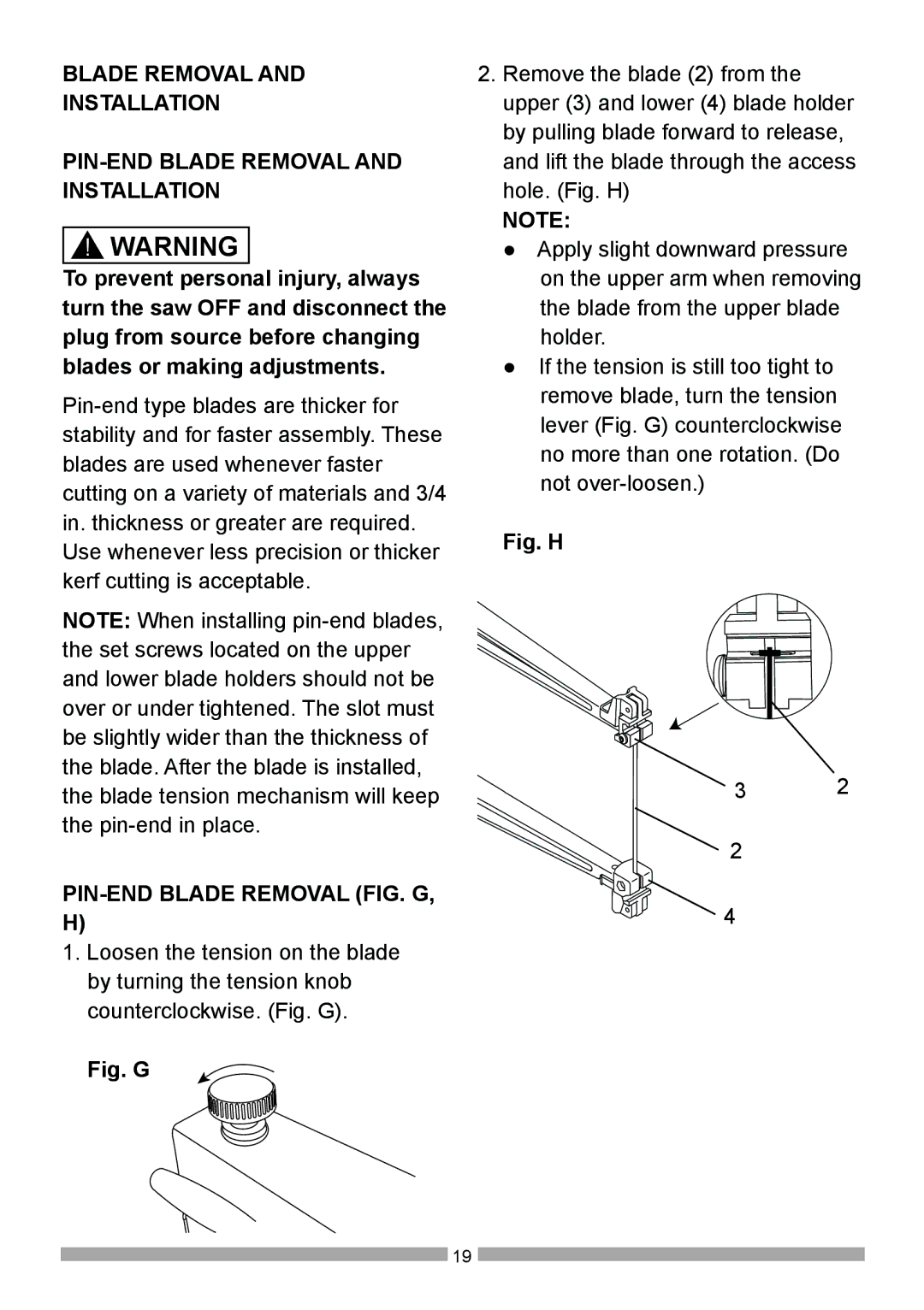 Craftsman 137.21602 operating instructions PIN-END Blade Removal FIG. G, H, Fig. G 