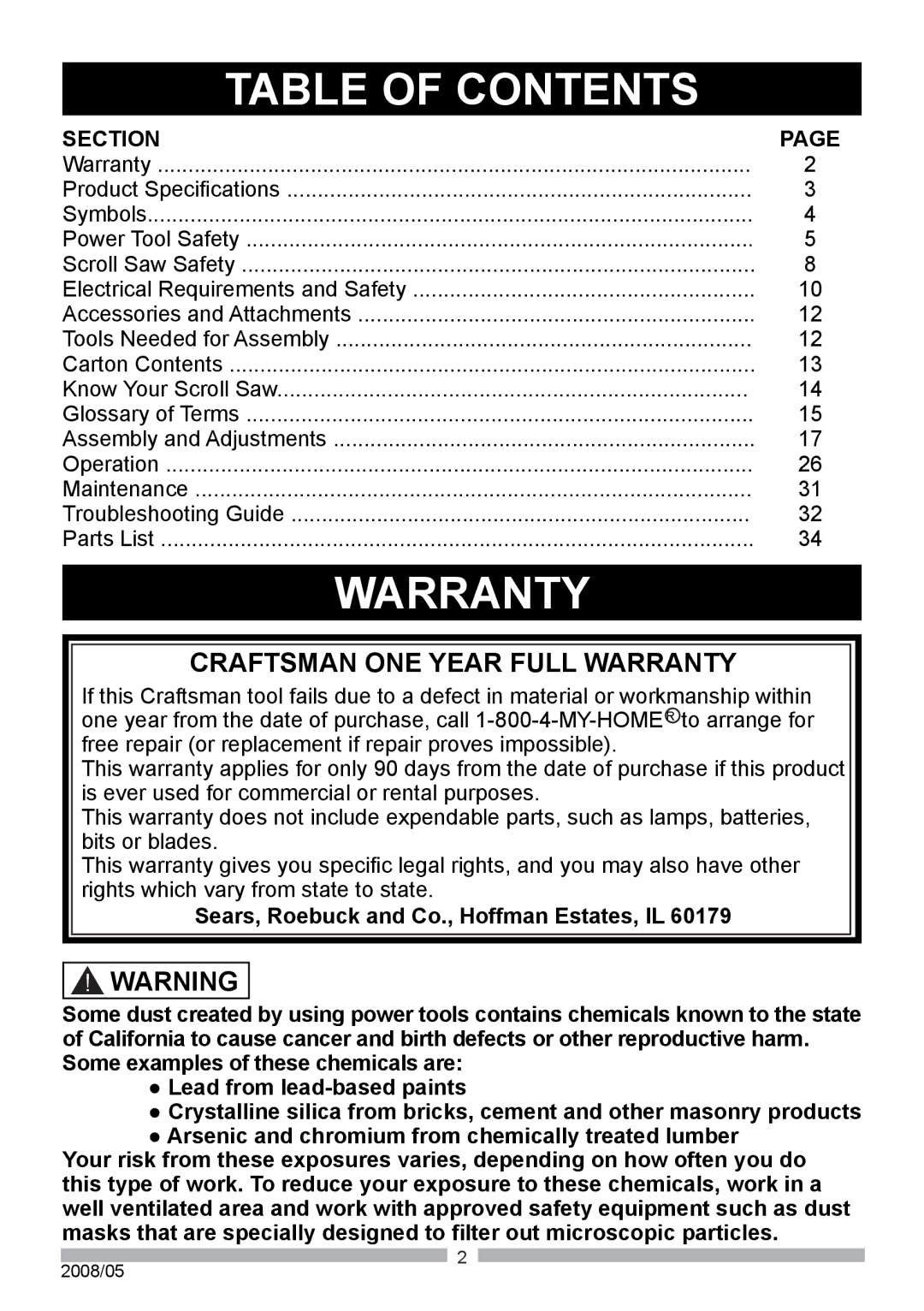 Craftsman 137.21602 operating instructions Table of Contents 