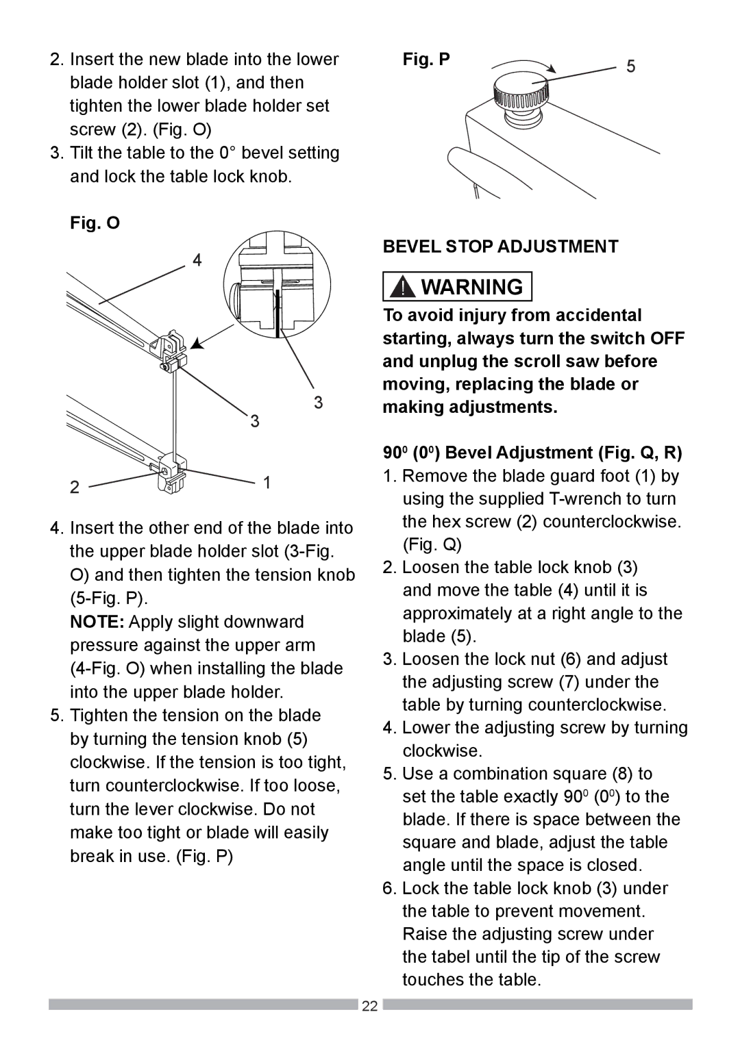 Craftsman 137.21602 operating instructions Fig. O, Bevel Stop Adjustment 