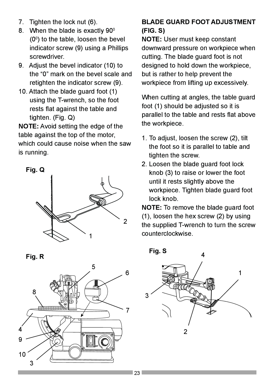 Craftsman 137.21602 operating instructions Fig. Q, Blade Guard Foot Adjustment FIG. S 