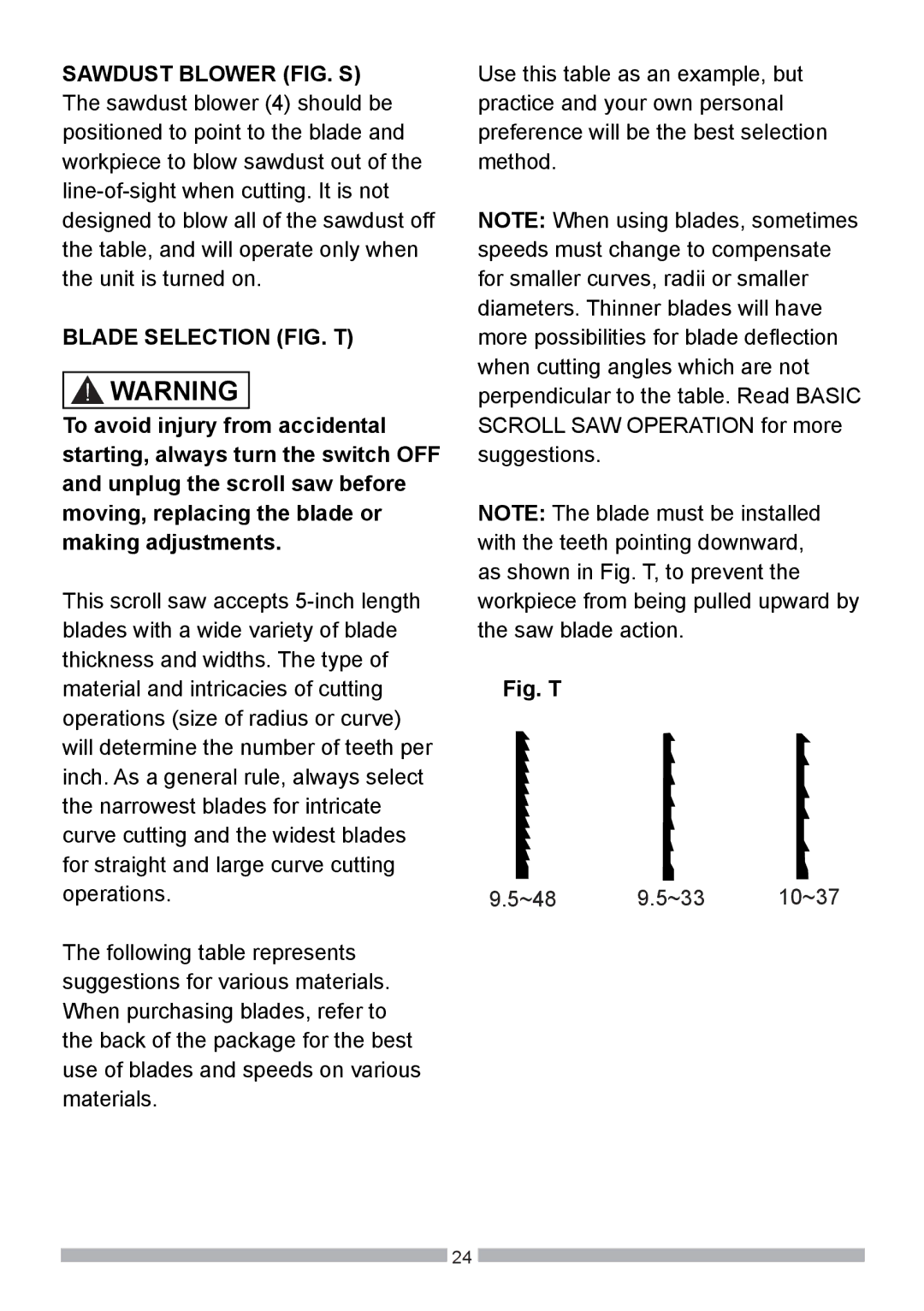 Craftsman 137.21602 operating instructions Blade Selection FIG. T, Fig. T 