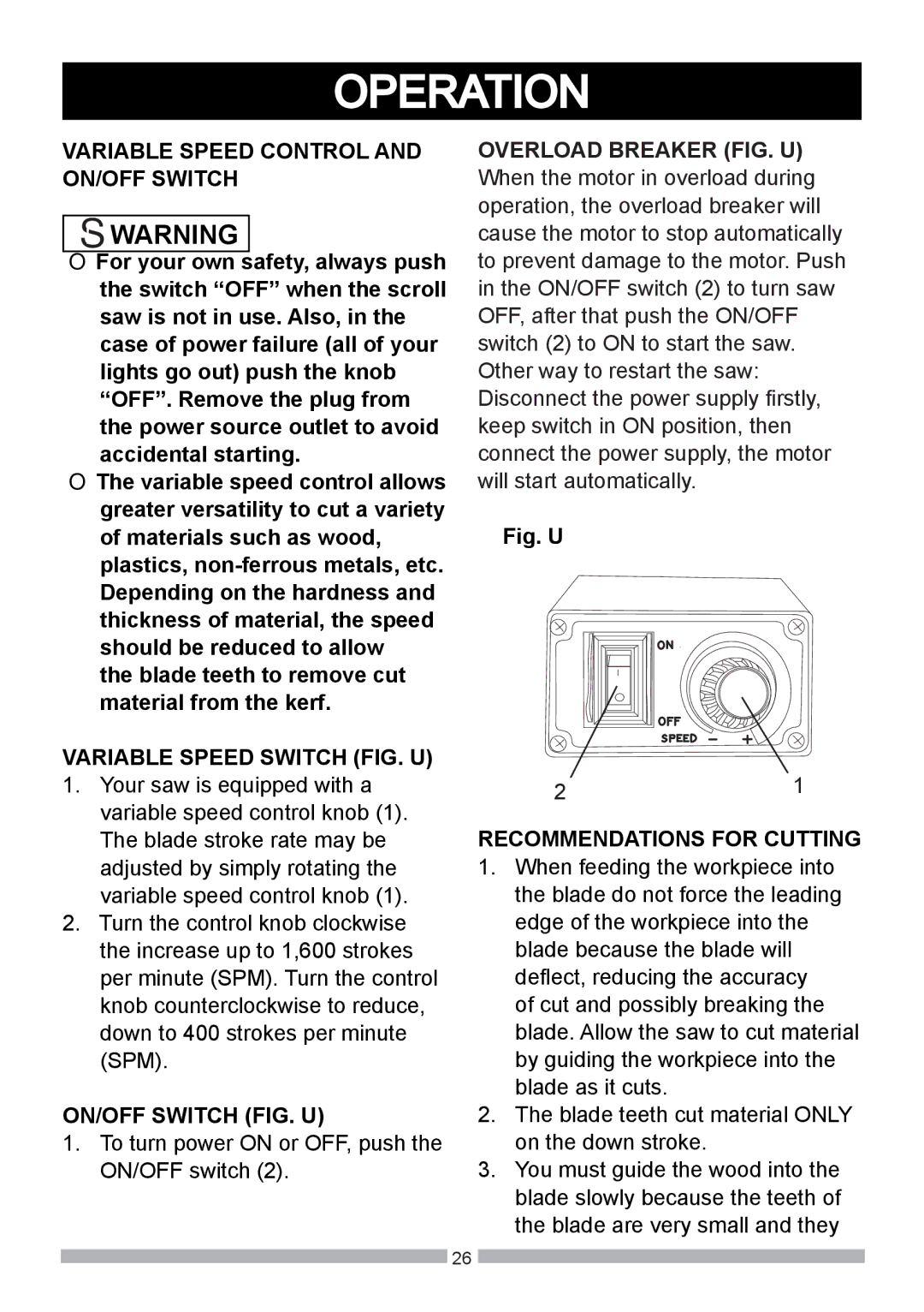 Craftsman 137.21602 Operation, Variable Speed Control and ON/OFF Switch, Variable Speed Switch FIG. U 