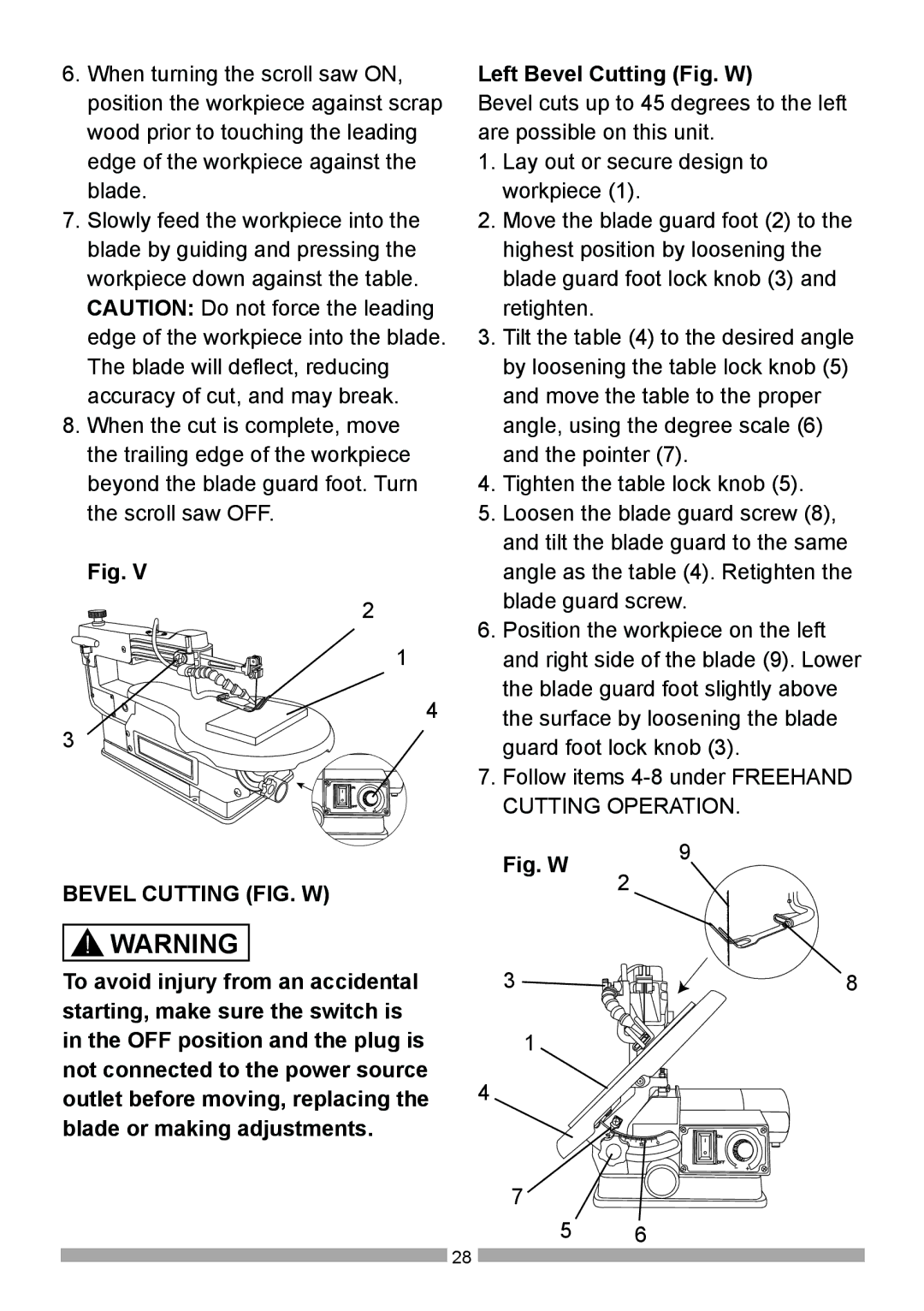 Craftsman 137.21602 operating instructions Bevel Cutting FIG. W, Fig. W 