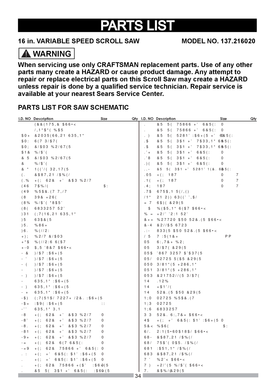 Craftsman 137.21602 operating instructions Parts List for SAW Schematic 