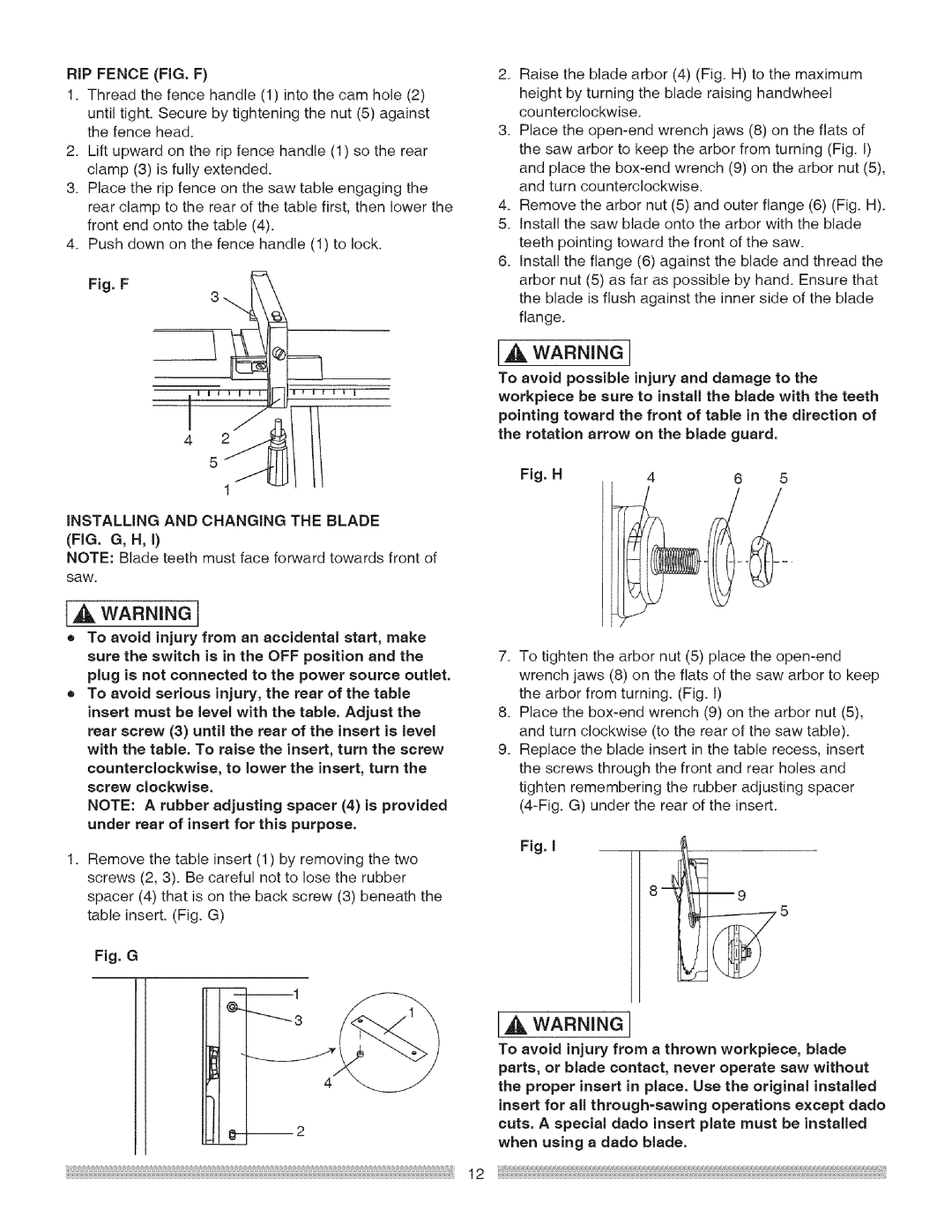 Craftsman 137.218030, 137218030001 operating instructions IA Warning, Installing and Changing the Blade FIG. G, H 