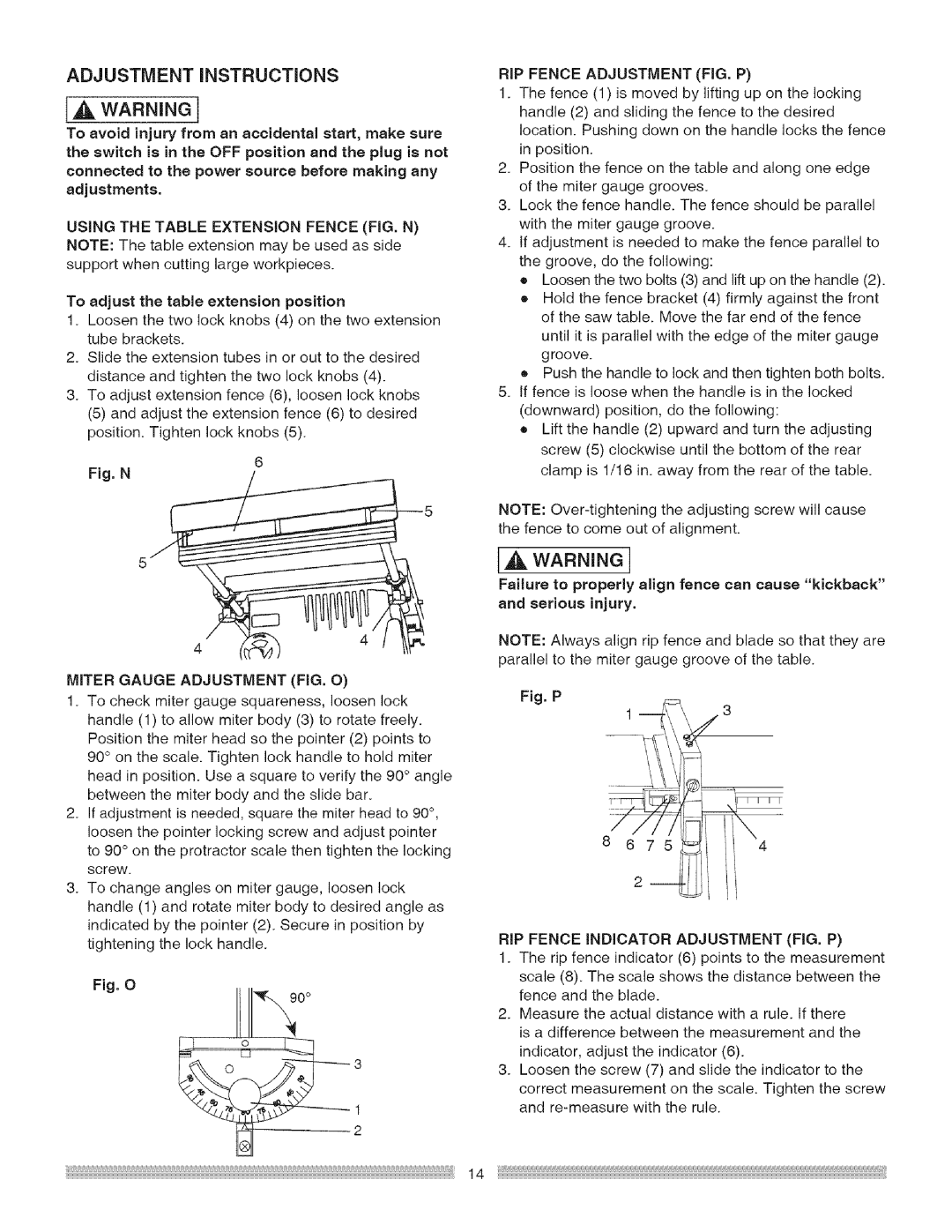 Craftsman 137.218030, 137218030001 operating instructions Adjustment iNSTRUCTiONS, Miter Gauge Adjustment FIG. O 