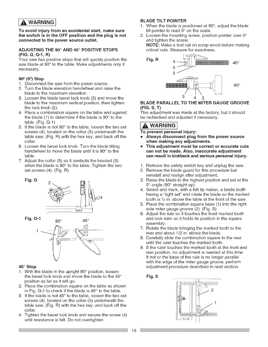 Craftsman 137218030001, 137.218030 IA wAR.I.GI, Blade Tilt Pointer, Blade Parallel to the Miter Gauge Groove FIG. S, T 