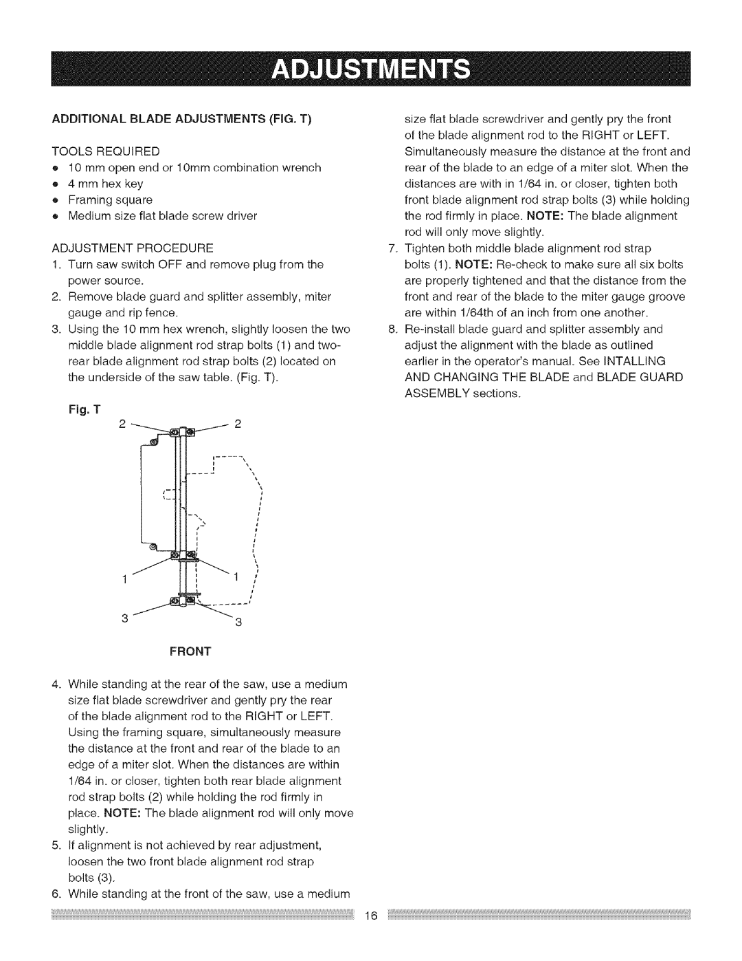 Craftsman 137.218030, 137218030001 Additional Blade Adjustments FIG. T, Tools Required, Adjustment Procedure, Front 