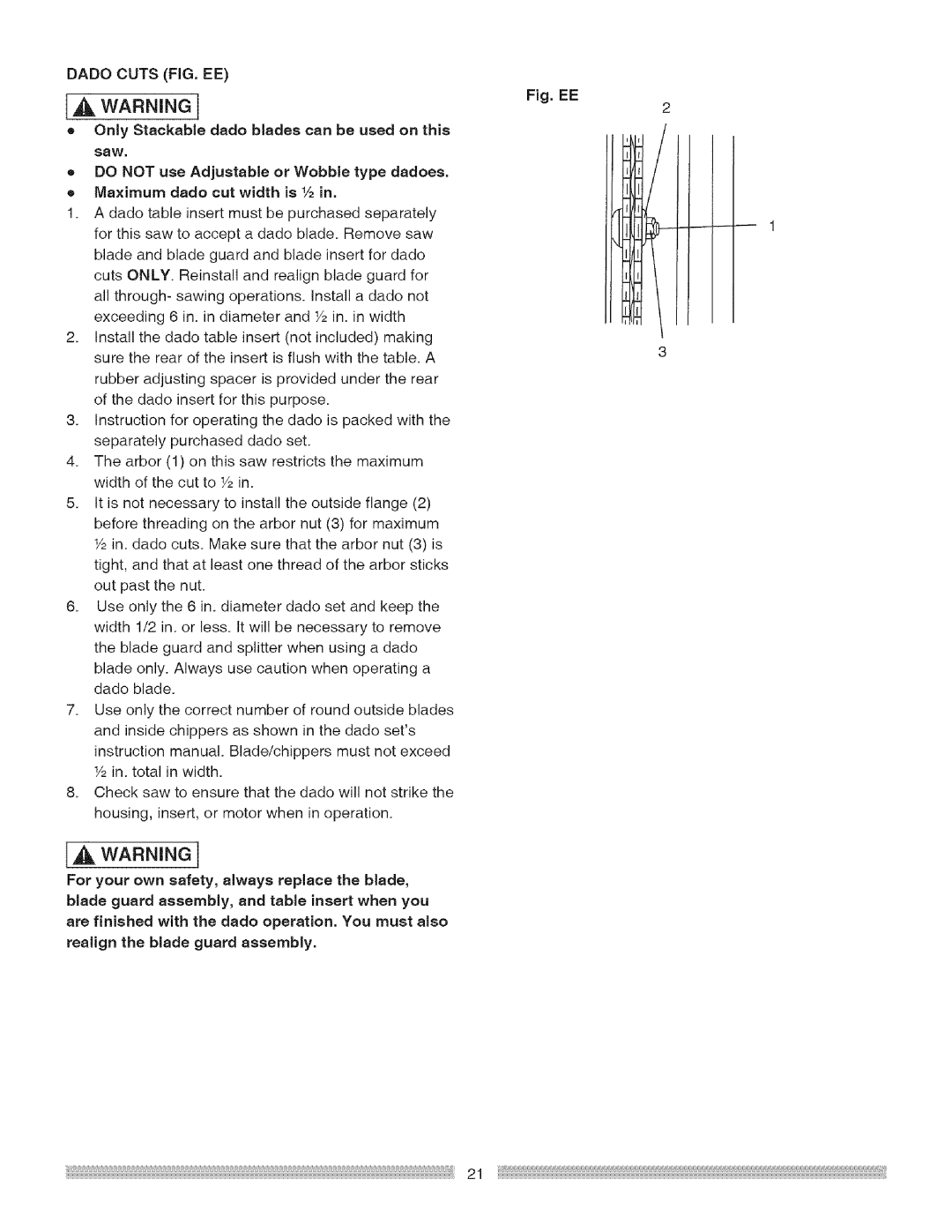 Craftsman 137218030001, 137.218030 operating instructions AwaRmnGI, Dado Cuts FIG. EE 