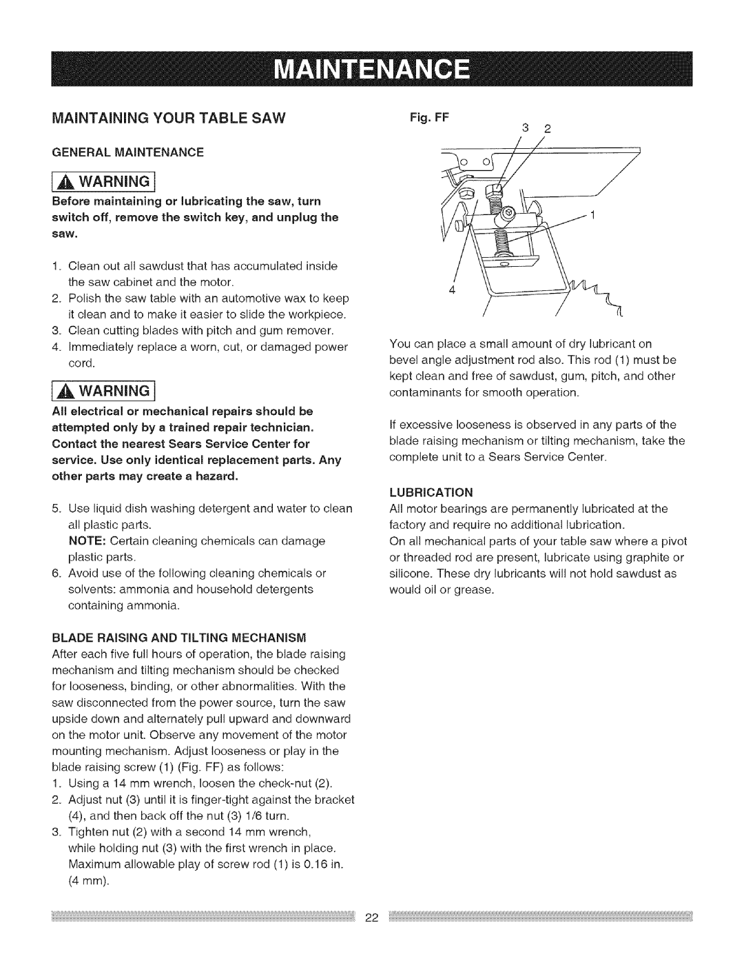 Craftsman 137.218030, 137218030001 General Maintenance, Blade Raising and Tilting Mechanism, Lubrication 