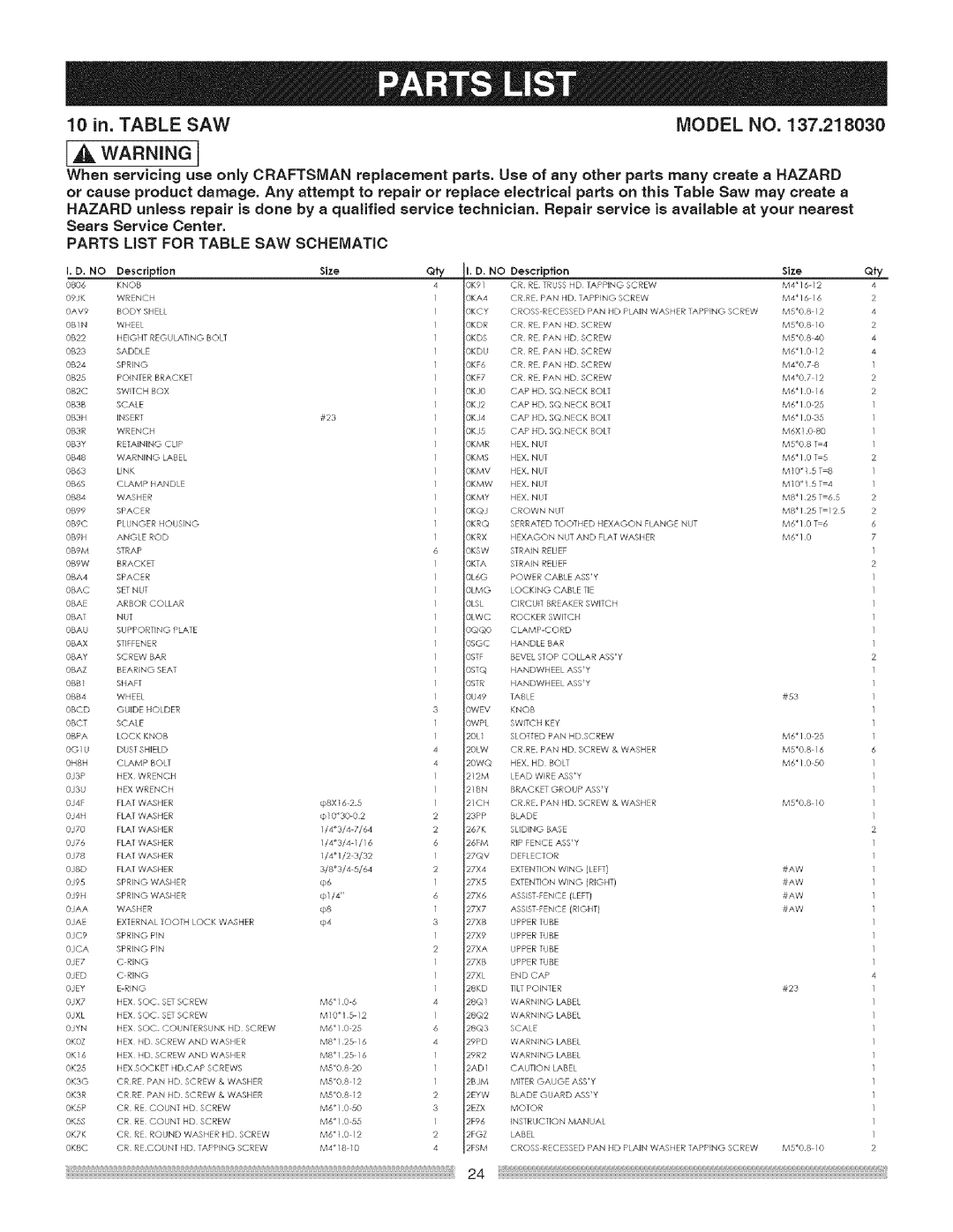 Craftsman 137.218030, 137218030001 operating instructions Sears Service Center, Parts List for Table SAW Schematic 