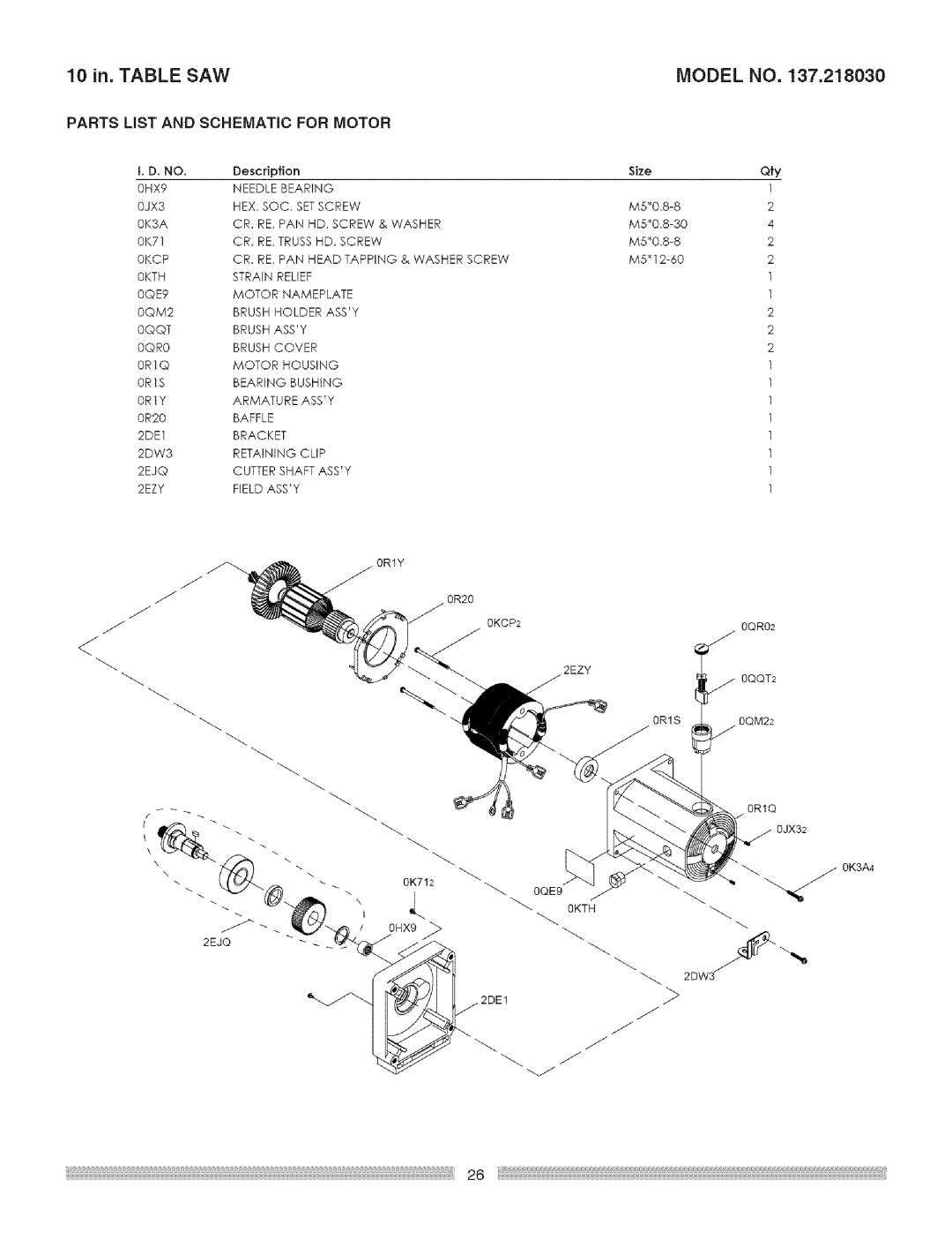 Craftsman 137.218030, 137218030001 operating instructions Parts LiST and Schematic for Motor 