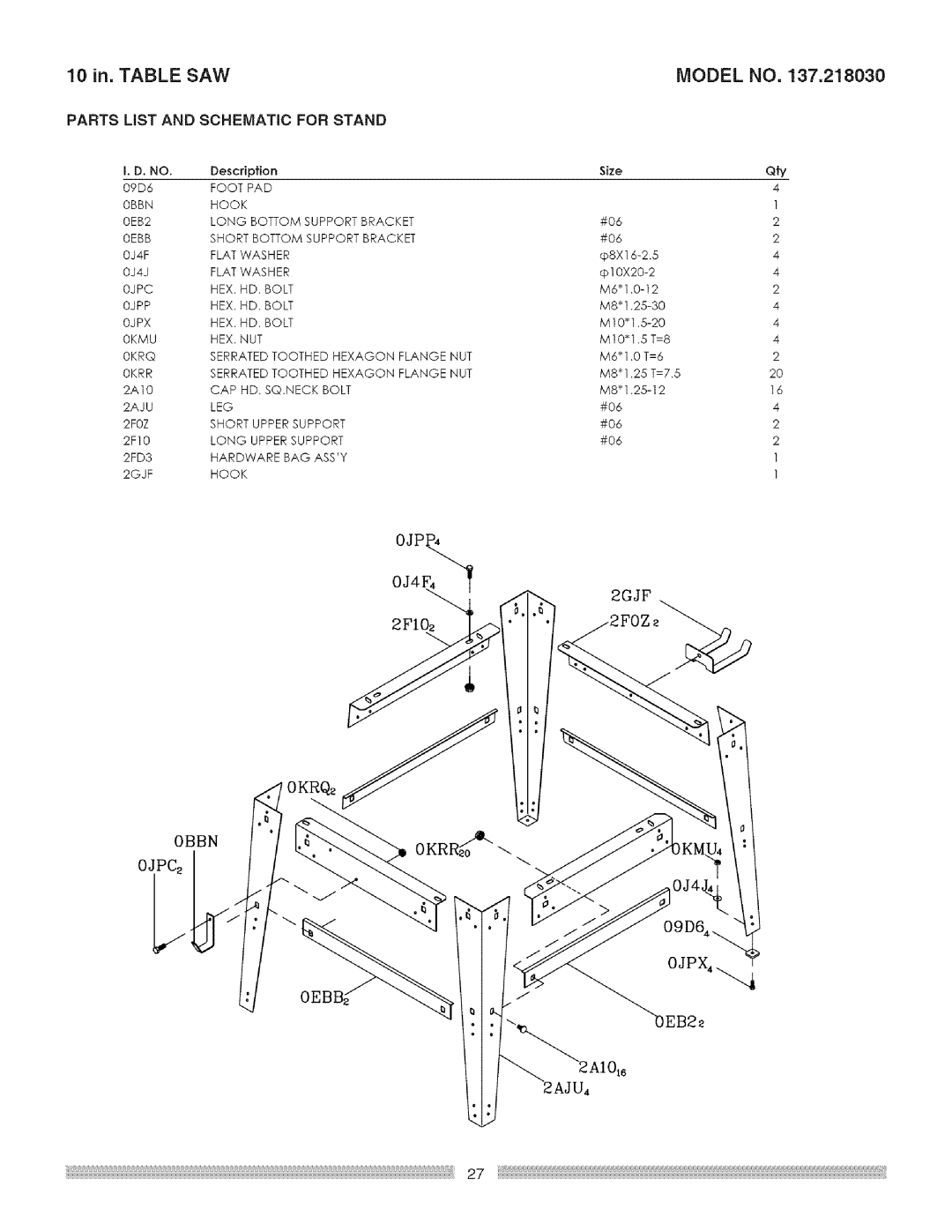 Craftsman 137218030001, 137.218030 operating instructions Parts LiST and Schematic for Stand, Qty 