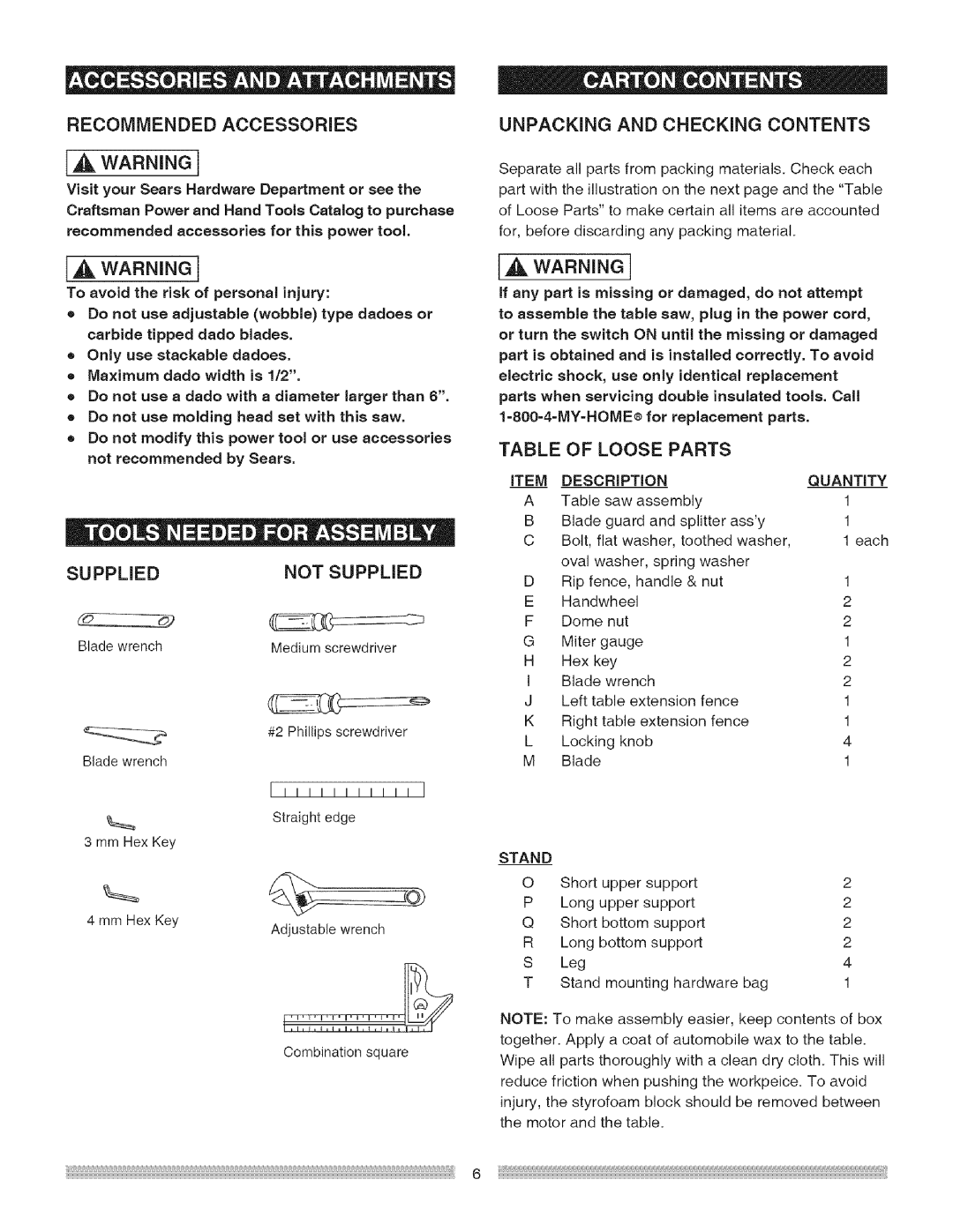 Craftsman 137.218030, 137218030001 operating instructions IA Warning 