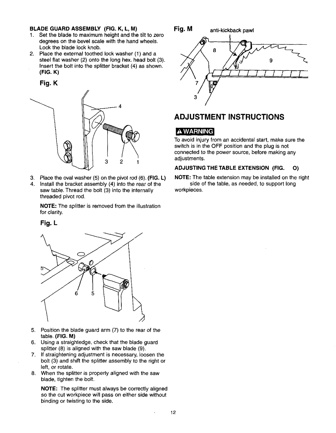 Craftsman 137.21825 Adjustment Instructions, Blade Guard Assembly FIG. K, L, M, Adjusting the Table Extension FIG. O 